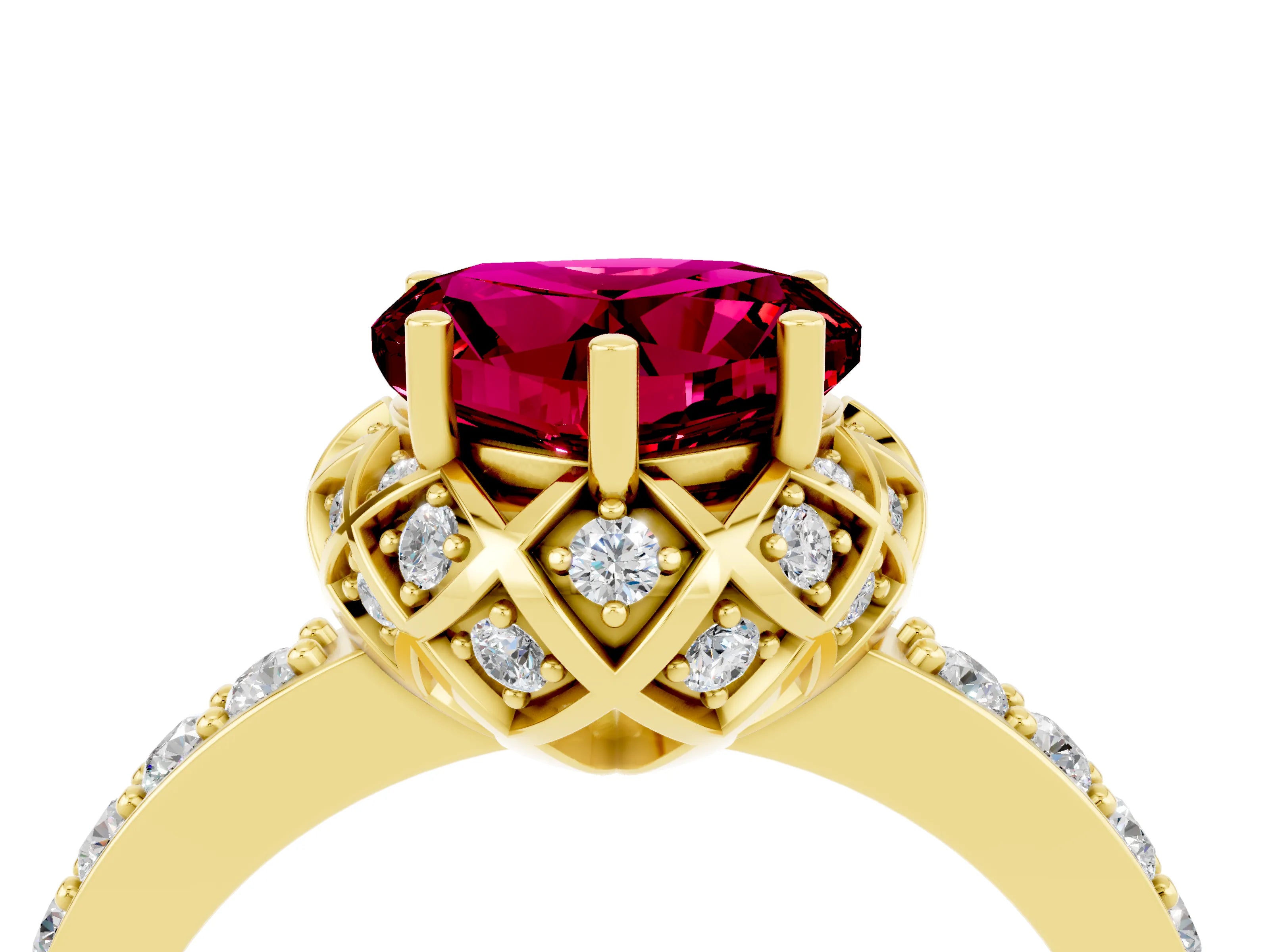 Yellow gold Heart Cut Diamond Solitaire Ring with Shared Prong Pavé Band_4