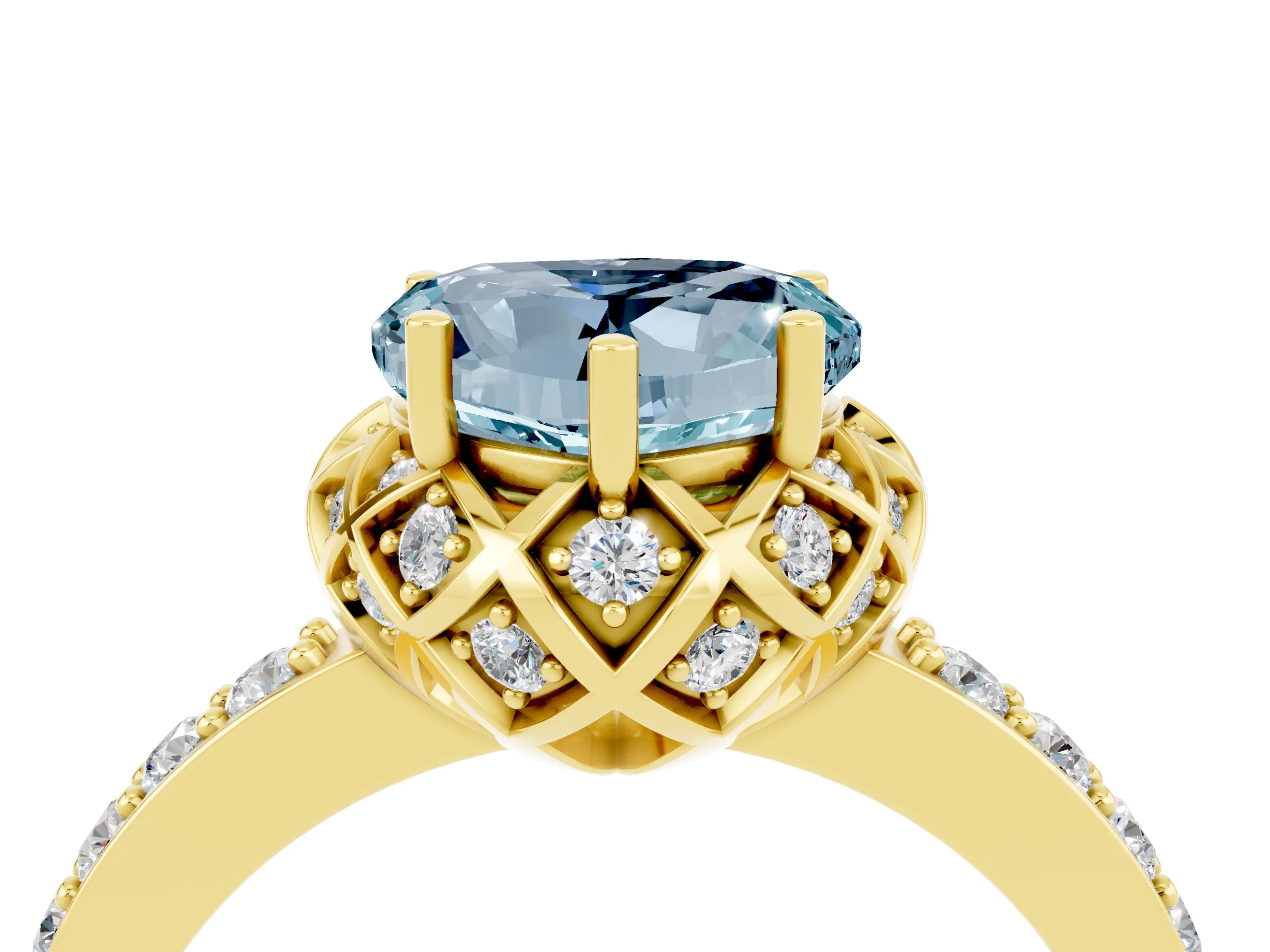 Yellow gold Heart Cut Diamond Solitaire Ring with Shared Prong Pavé Band_4