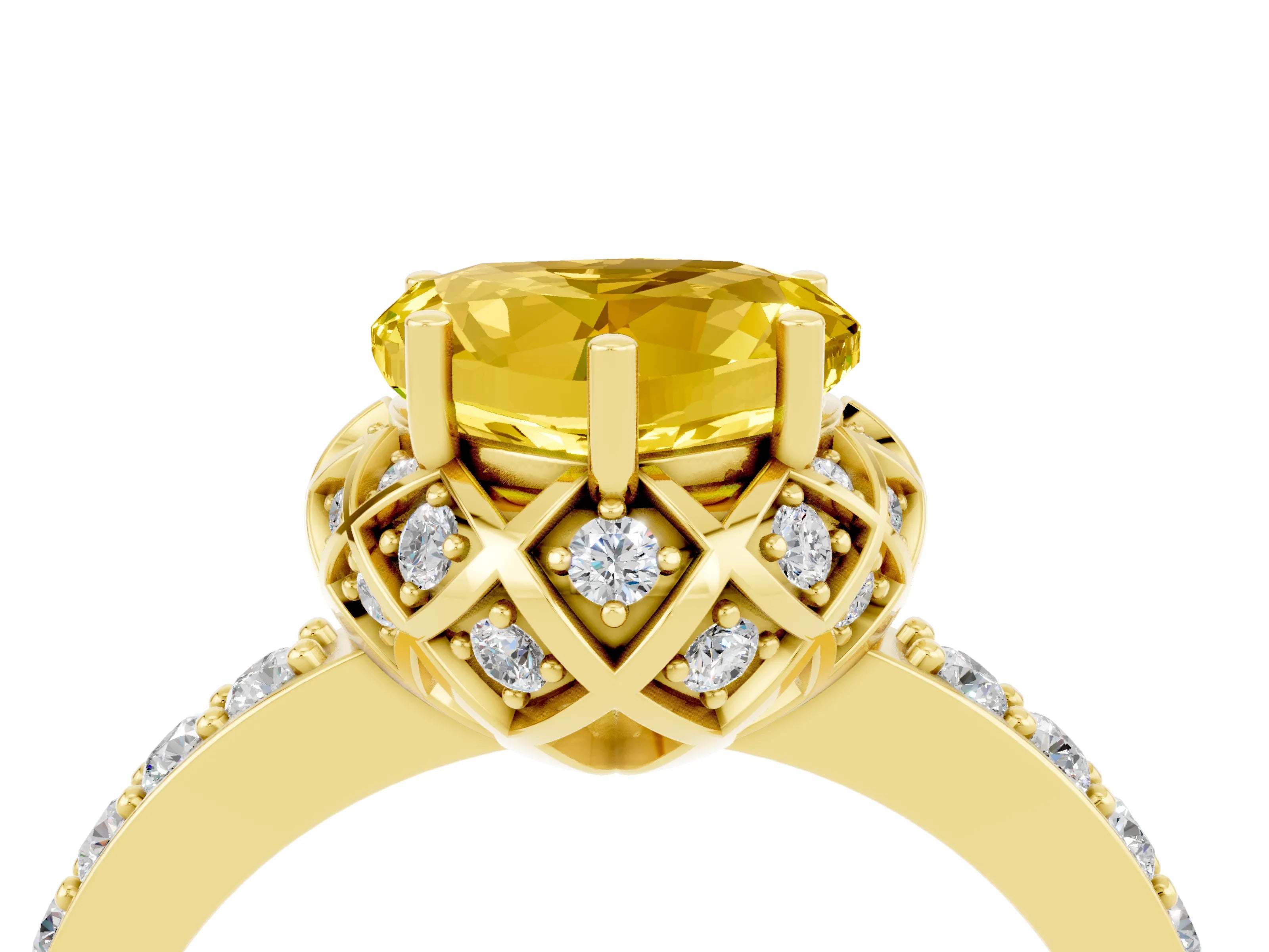 Yellow gold Heart Cut Diamond Solitaire Ring with Shared Prong Pavé Band_4