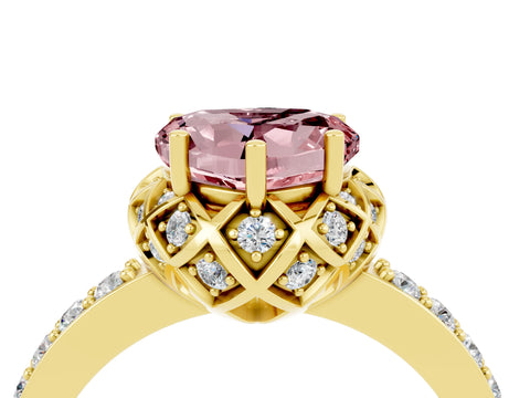 Yellow gold Heart Cut Diamond Solitaire Ring with Shared Prong Pavé Band_4