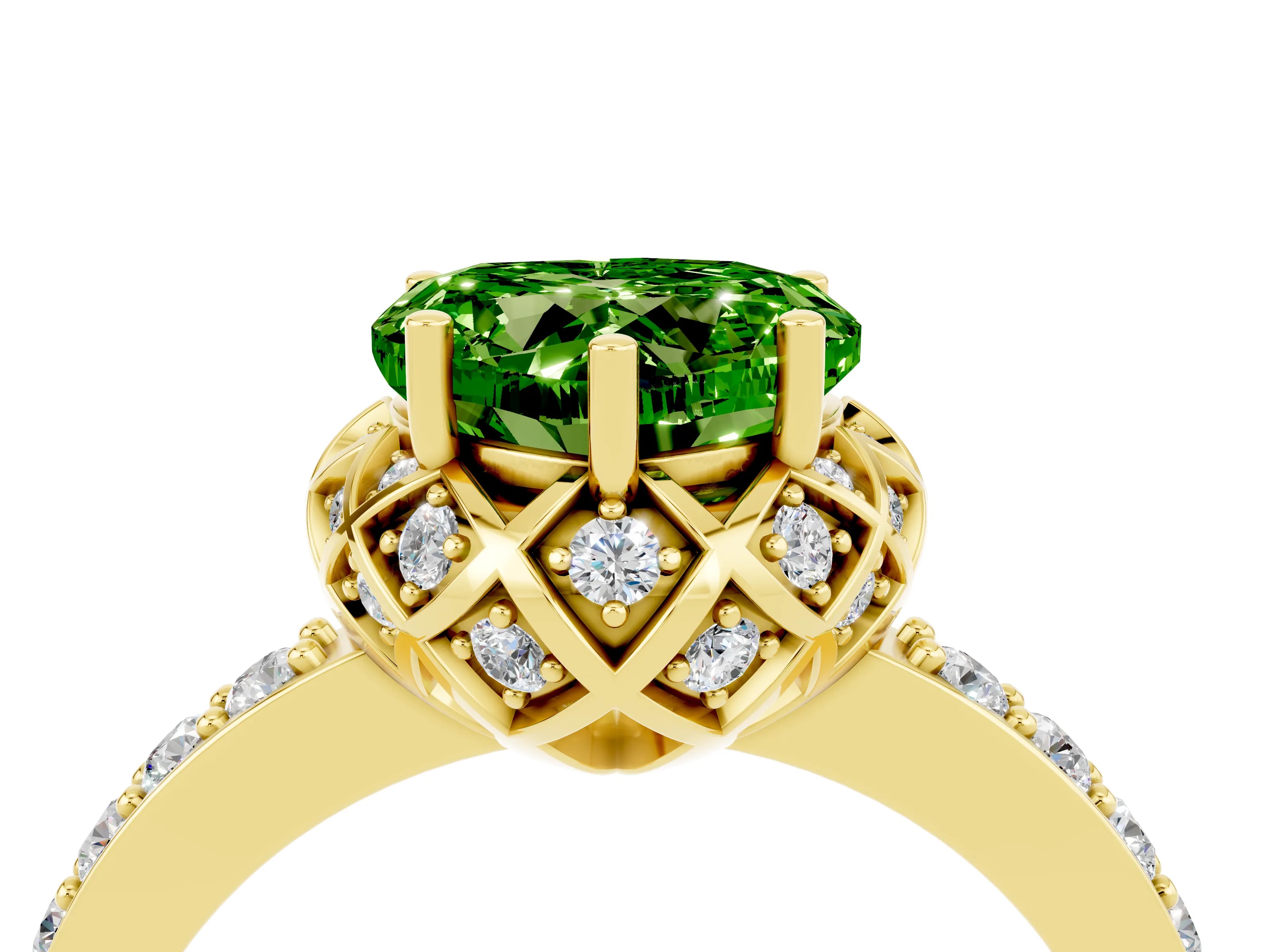 Yellow gold Heart Cut Diamond Solitaire Ring with Shared Prong Pavé Band_4