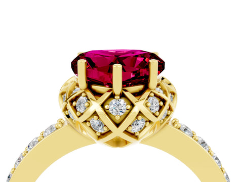 Yellow gold Heart Cut Diamond Solitaire Ring with Shared Prong Pavé Band_4