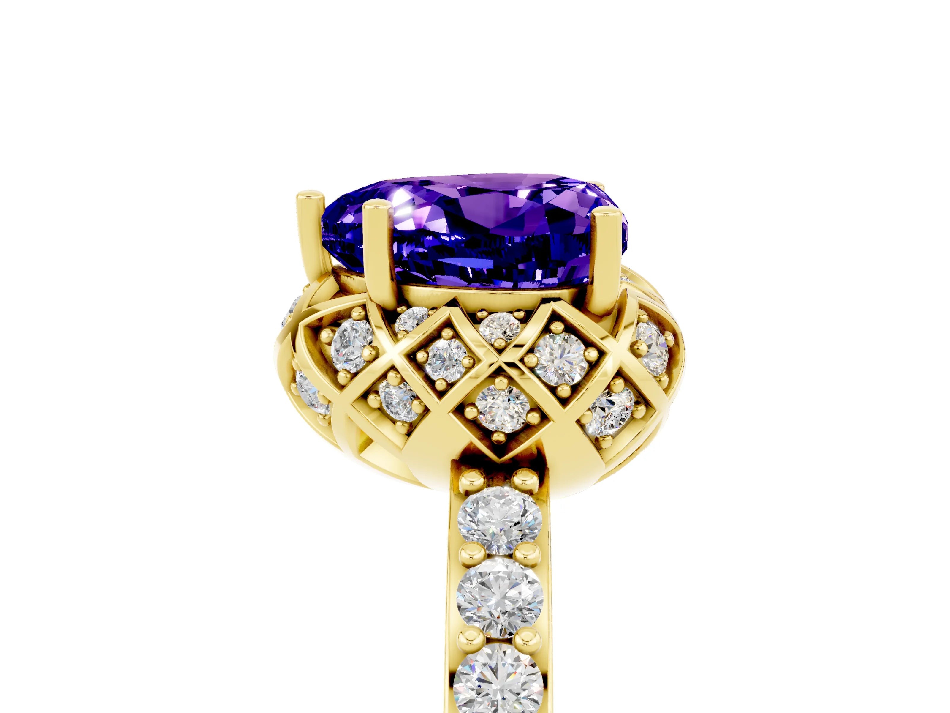 Yellow gold Heart Cut Diamond Solitaire Ring with Shared Prong Pavé Band_5