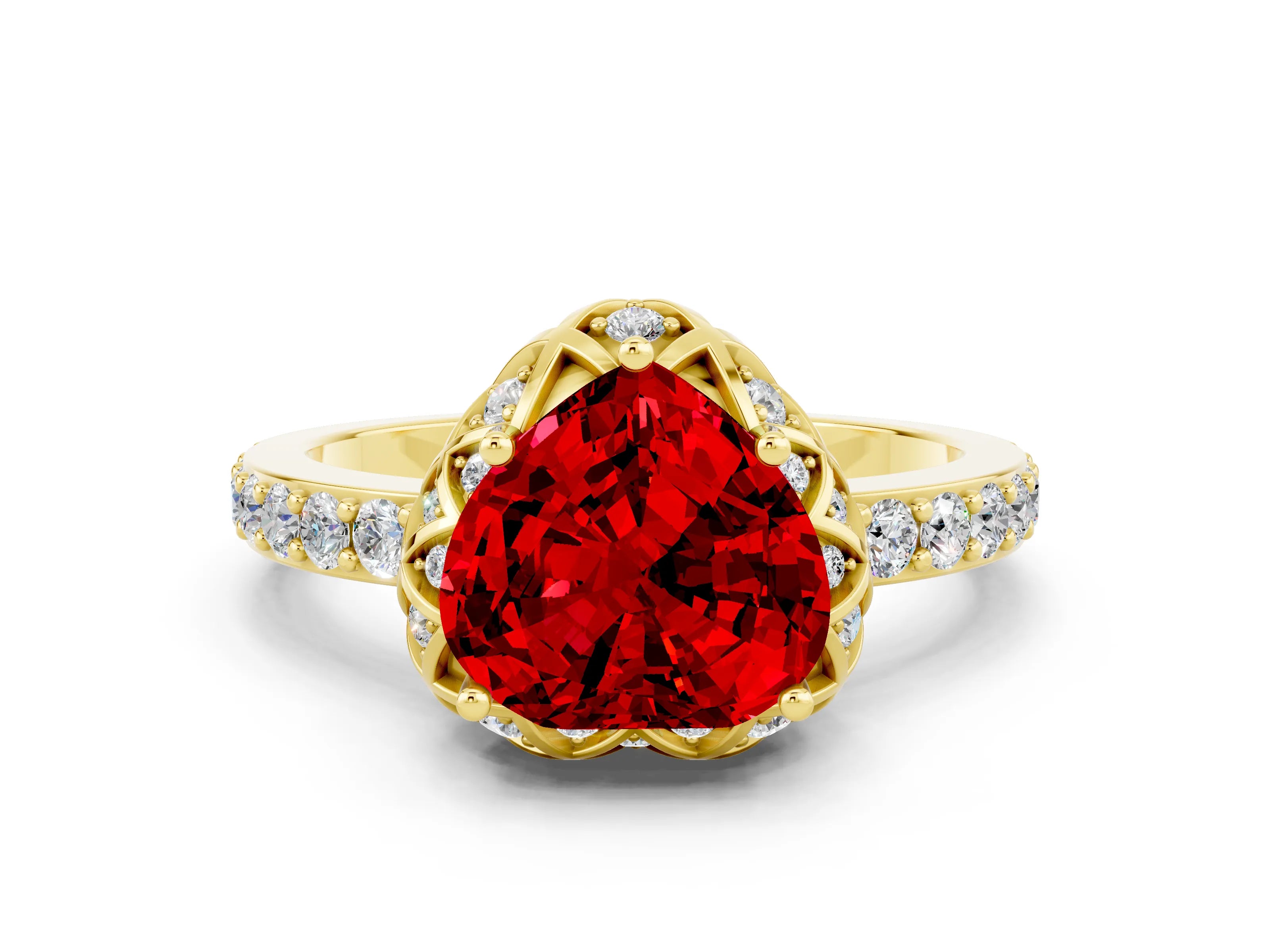 Yellow gold Heart Cut Diamond Solitaire Ring with Shared Prong Pavé Band