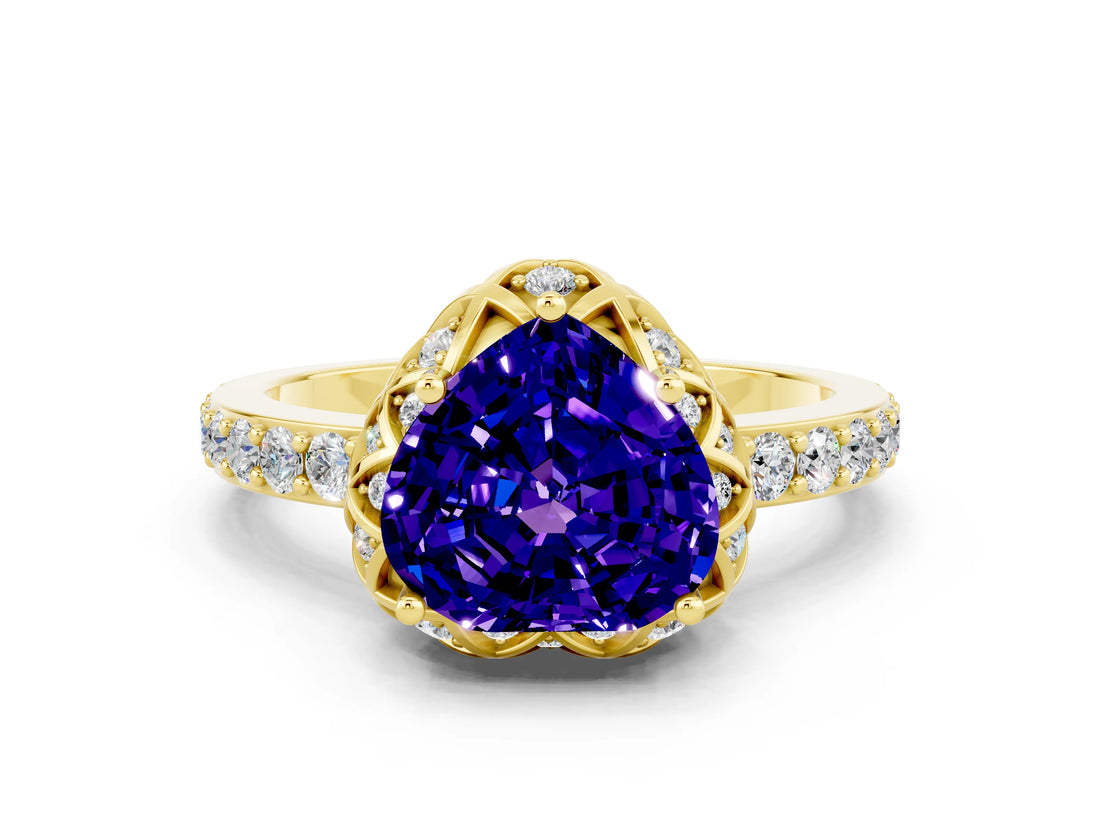 Yellow gold Heart Cut Diamond Solitaire Ring with Shared Prong Pavé Band