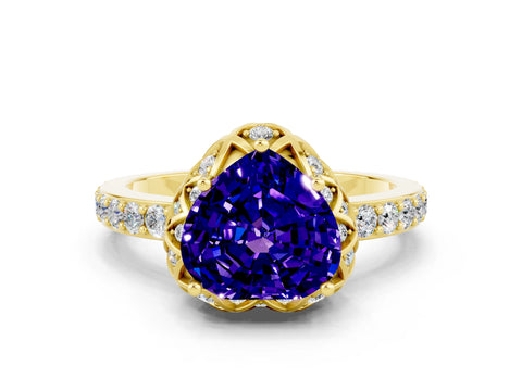 Yellow gold Heart Cut Diamond Solitaire Ring with Shared Prong Pavé Band