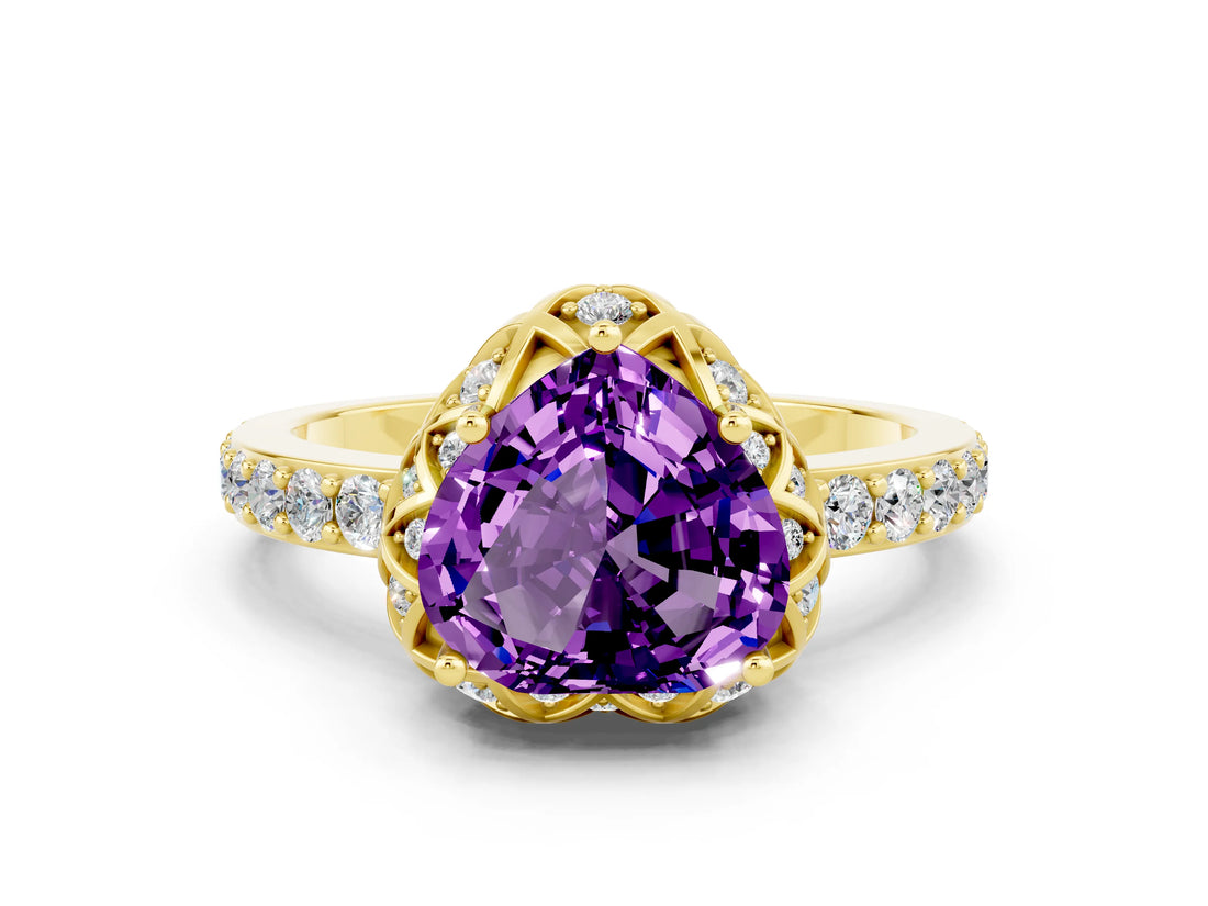 Yellow gold Heart Cut Diamond Solitaire Ring with Shared Prong Pavé Band