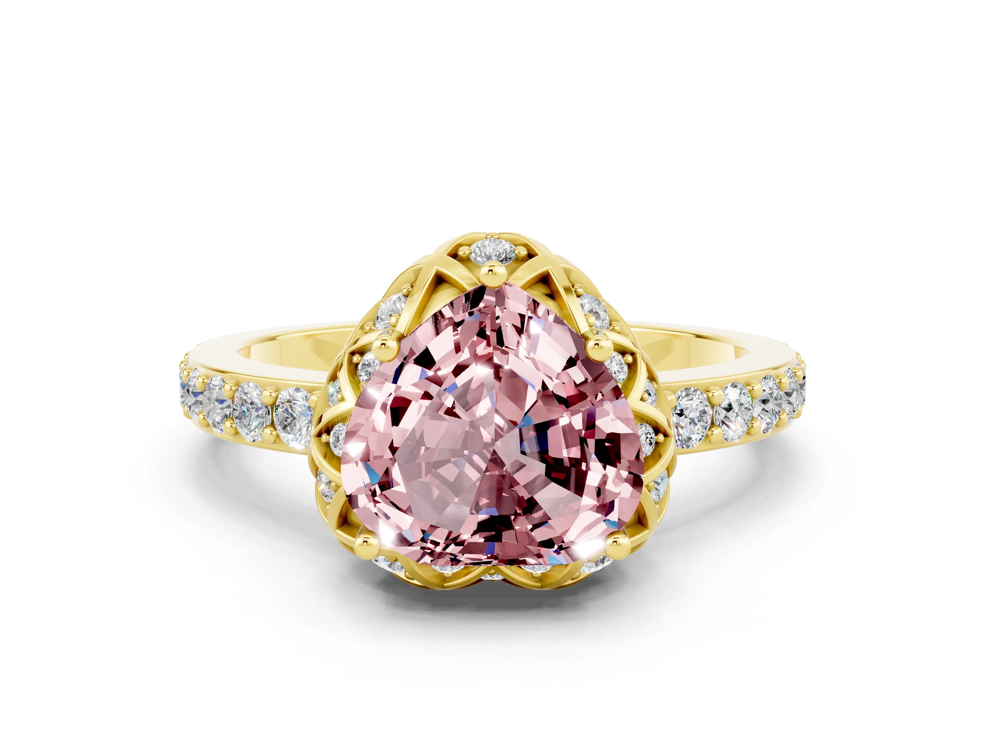Yellow gold Heart Cut Diamond Solitaire Ring with Shared Prong Pavé Band