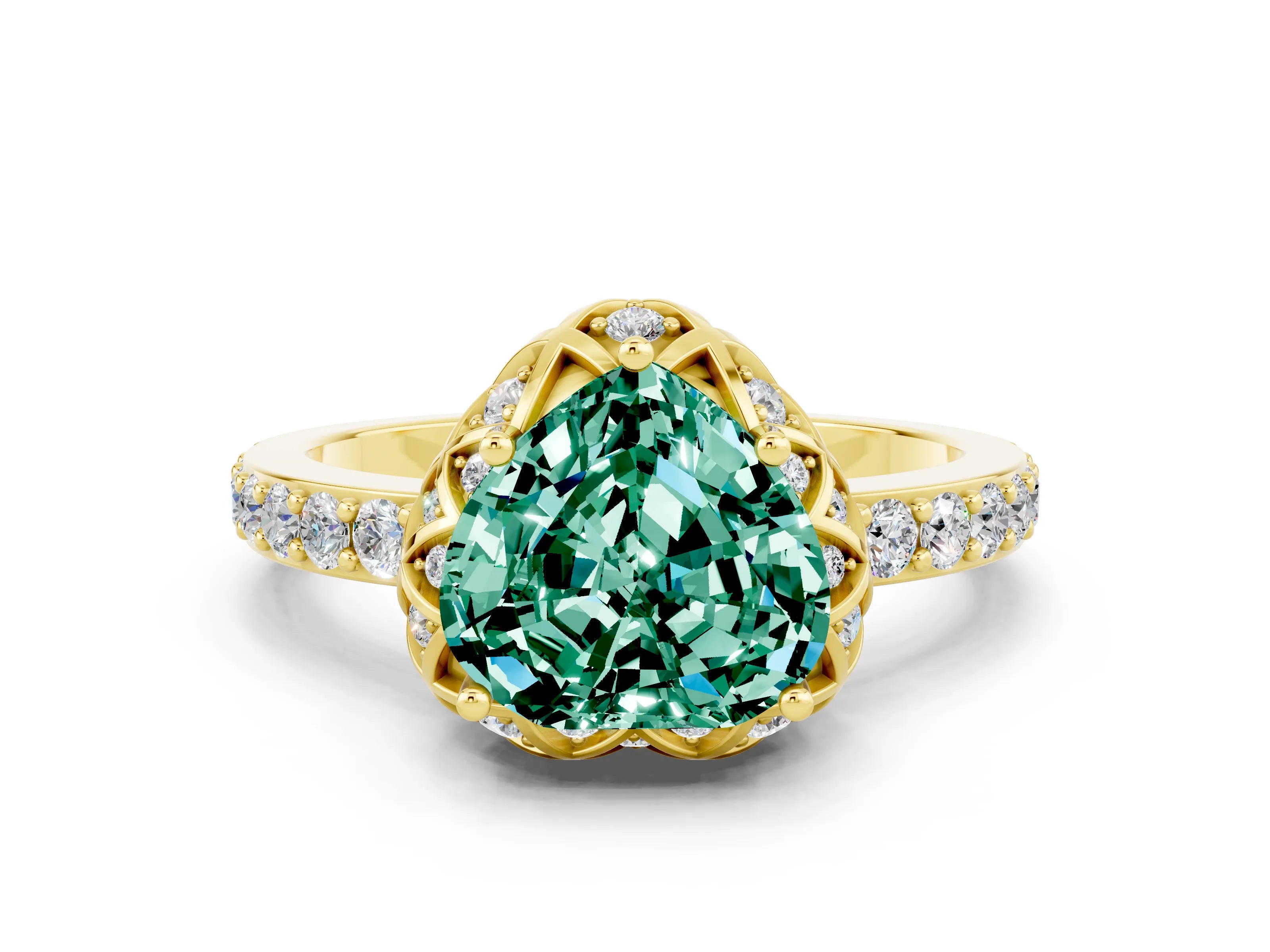 Yellow gold Heart Cut Diamond Solitaire Ring with Shared Prong Pavé Band