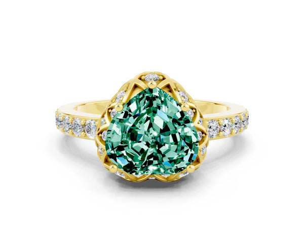 Yellow gold Heart Cut Green Sapphire Scalloped Halo Engagement Ring with Round Shared Prong Band