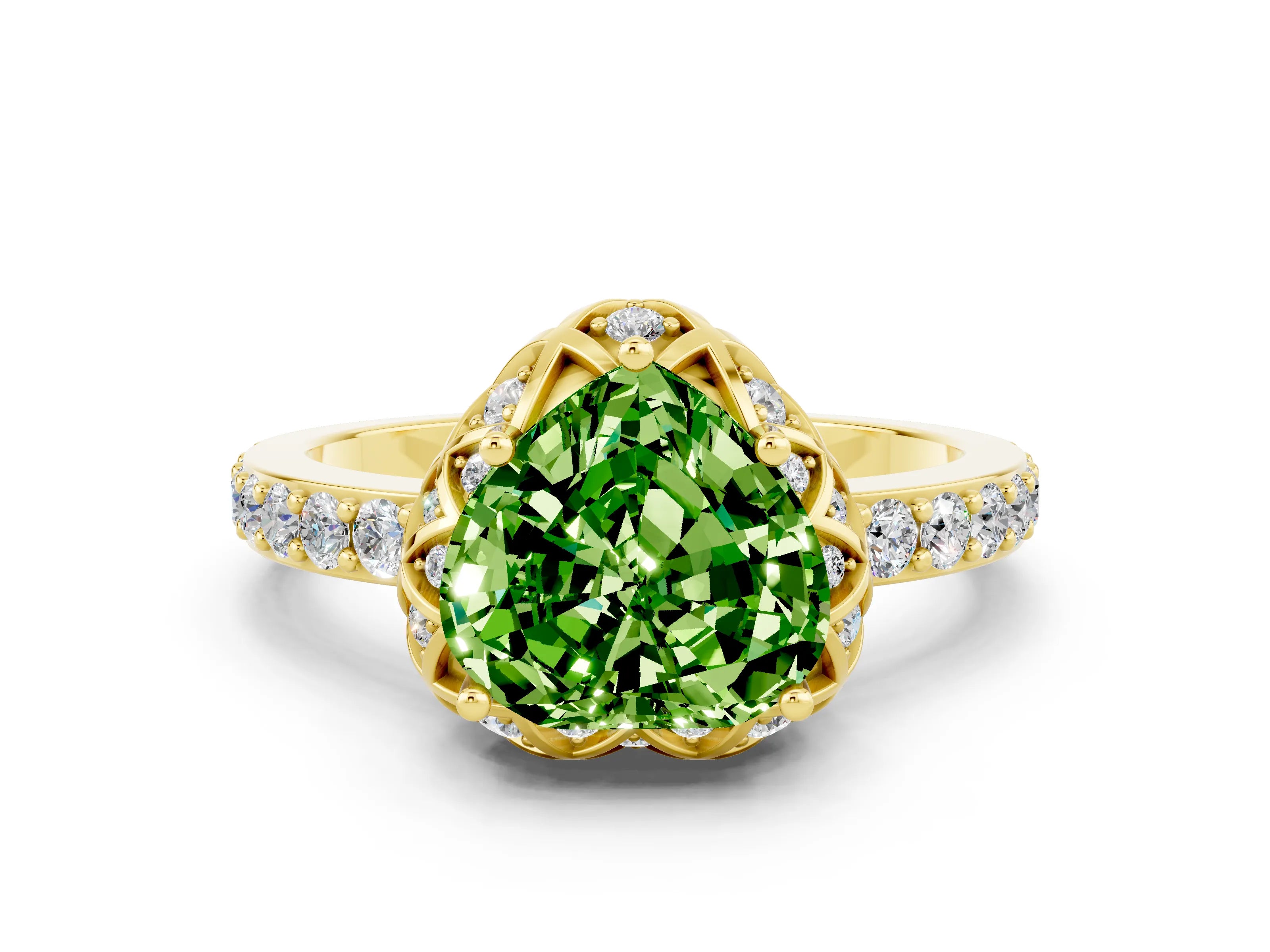 Yellow gold Heart Cut Diamond Solitaire Ring with Shared Prong Pavé Band