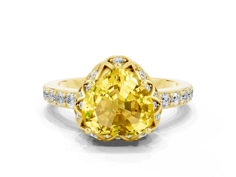 Yellow gold Heart Cut Diamond Solitaire Ring with Shared Prong Pavé Band