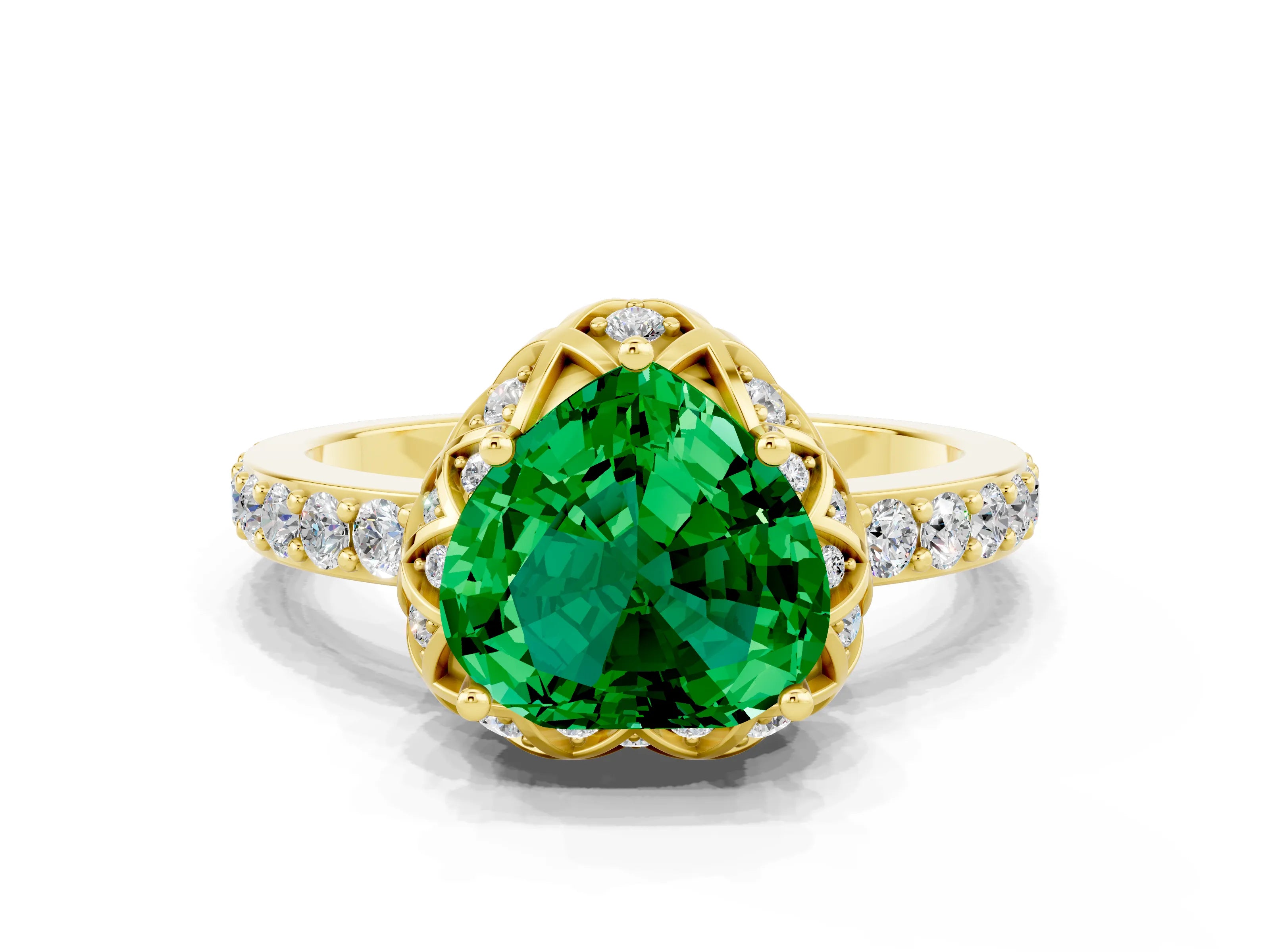 Yellow gold Heart Cut Diamond Solitaire Ring with Shared Prong Pavé Band