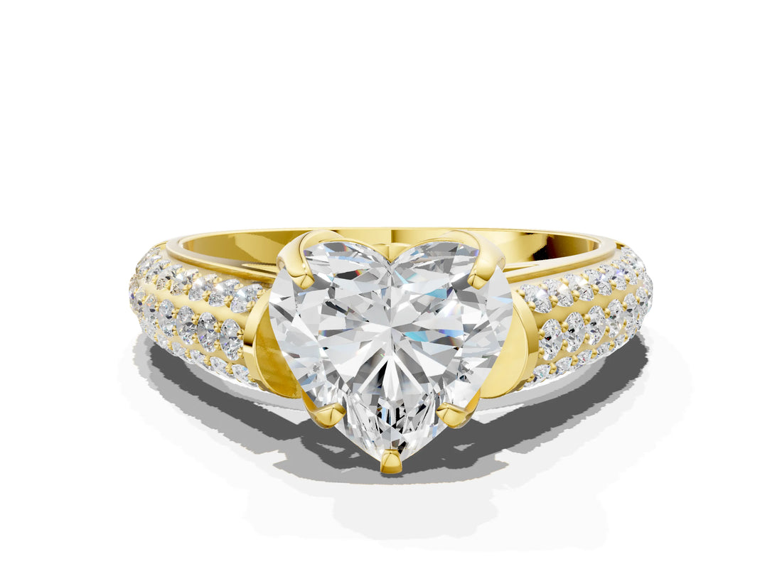 Yellow gold Heart Cut Diamond Solitaire Ring with Three-Row Pavé Band and Four-Prong Setting_49