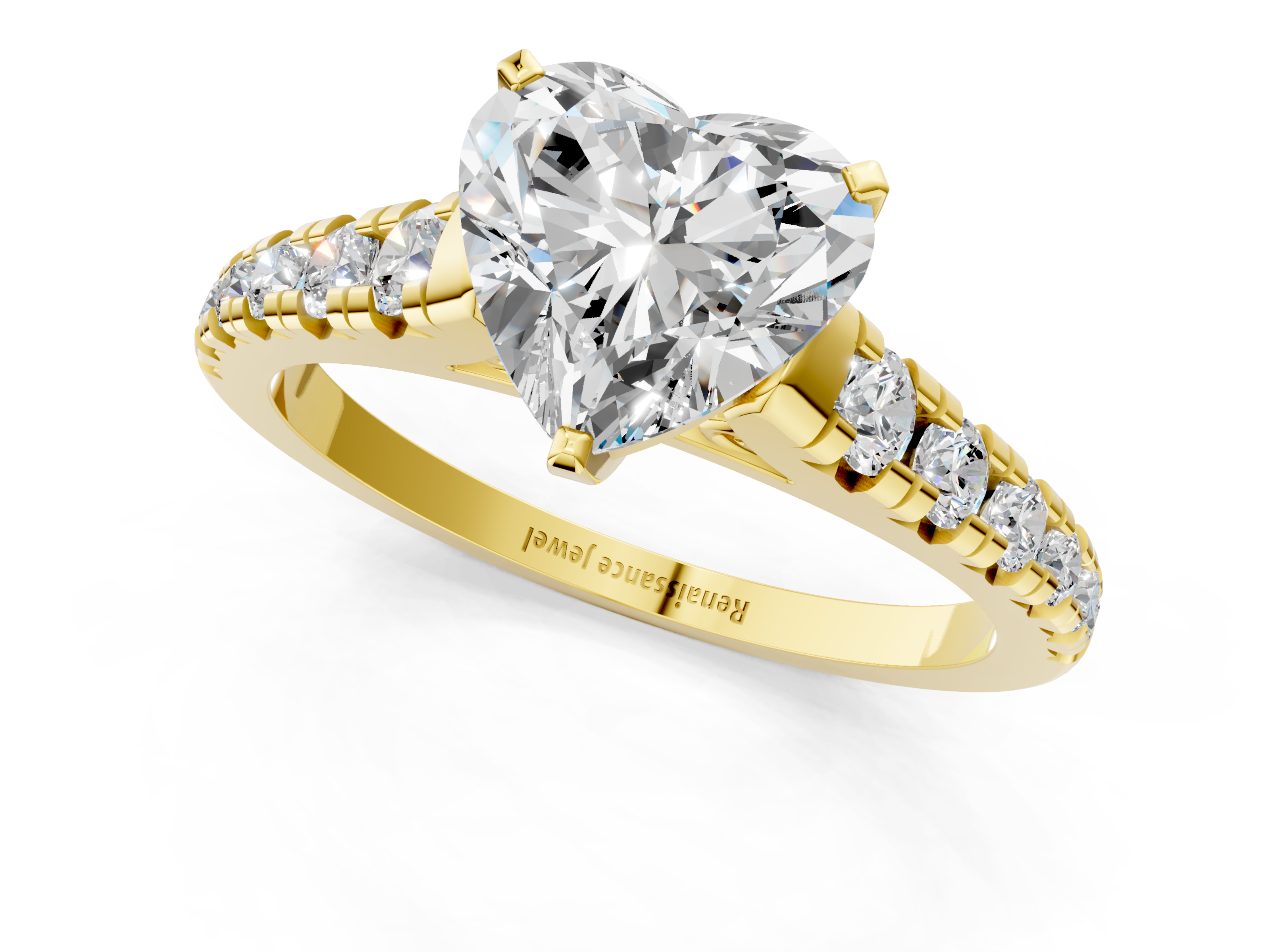 Yellow gold Heart Cut Diamond Solitaire with Pave Band and Four-Prong Setting_129