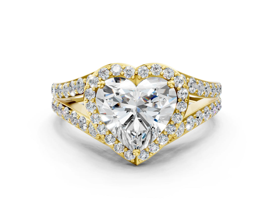 Yellow gold Heart Cut Diamond Split Shank Halo Ring with Four-Prong Setting_68