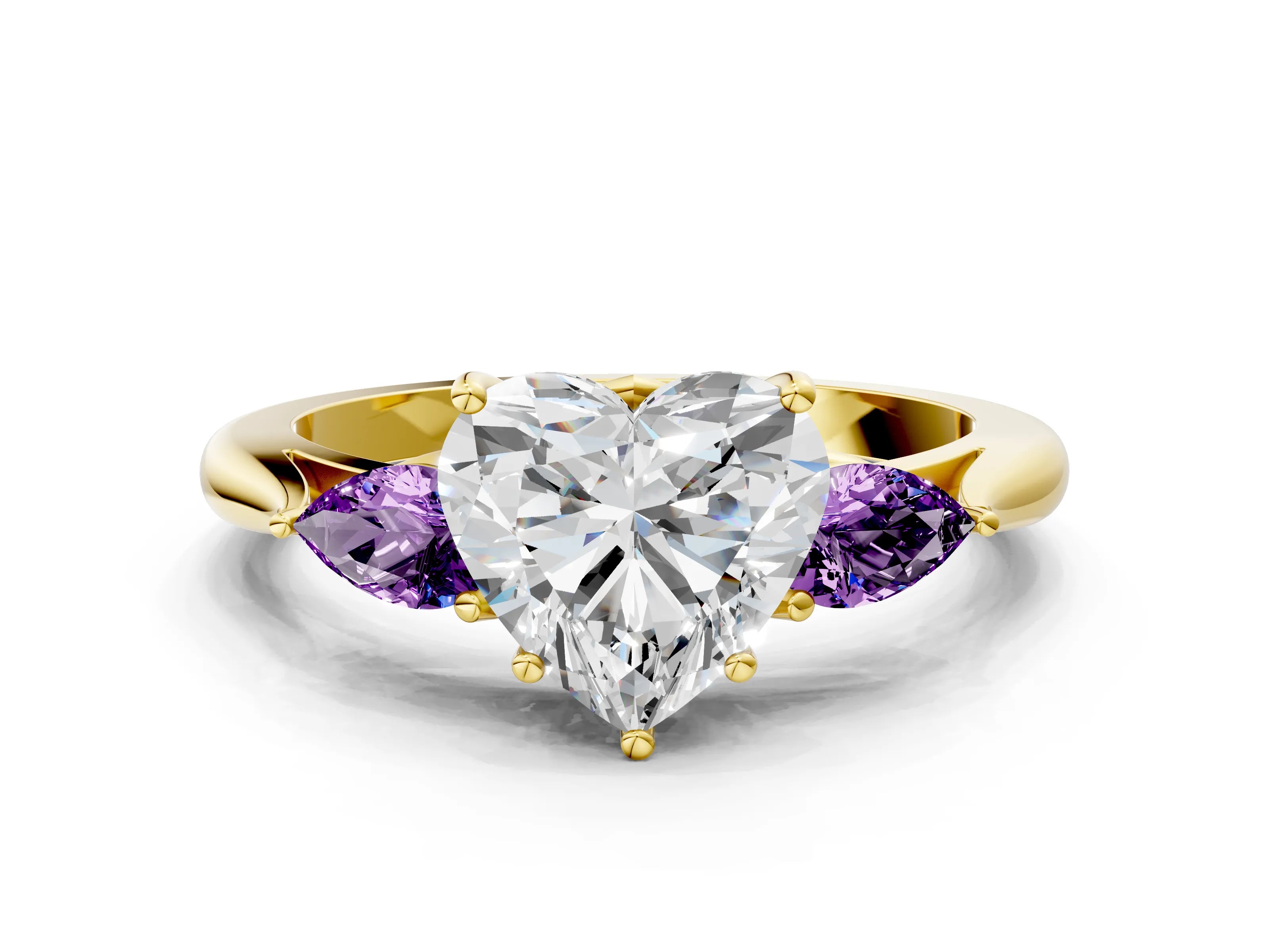Yellow gold Heart Cut Diamond Three-Stone Ring with Pear with Amethyst side stone Side Stones and Prong Setting
