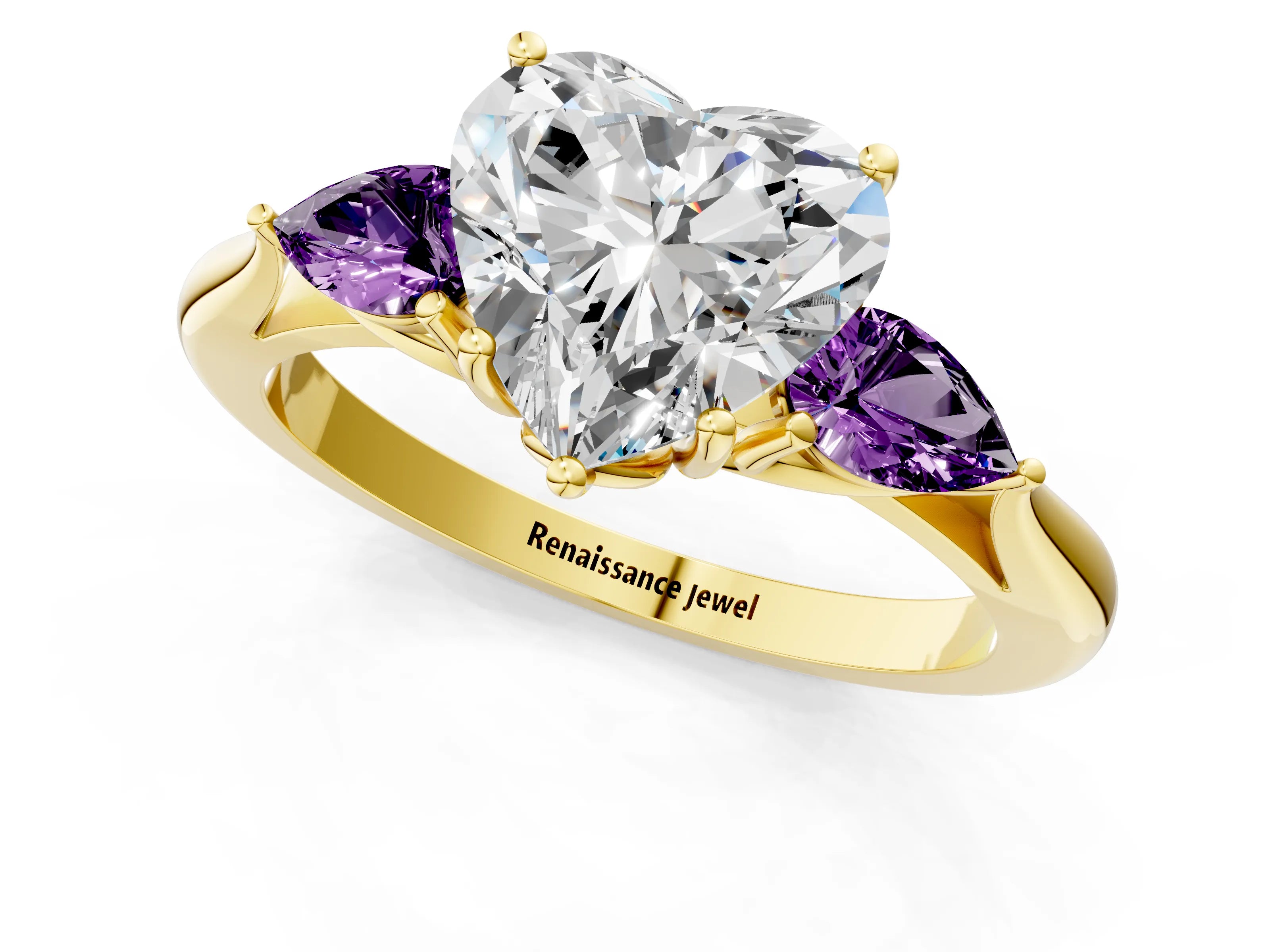 Yellow gold Heart Cut Diamond Three-Stone Ring with Pear with Amethyst side stone Side Stones and Prong Setting_1