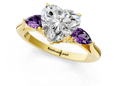 Yellow gold Heart Cut Diamond Three-Stone Ring with Pear with Amethyst side stone Side Stones and Prong Setting_1