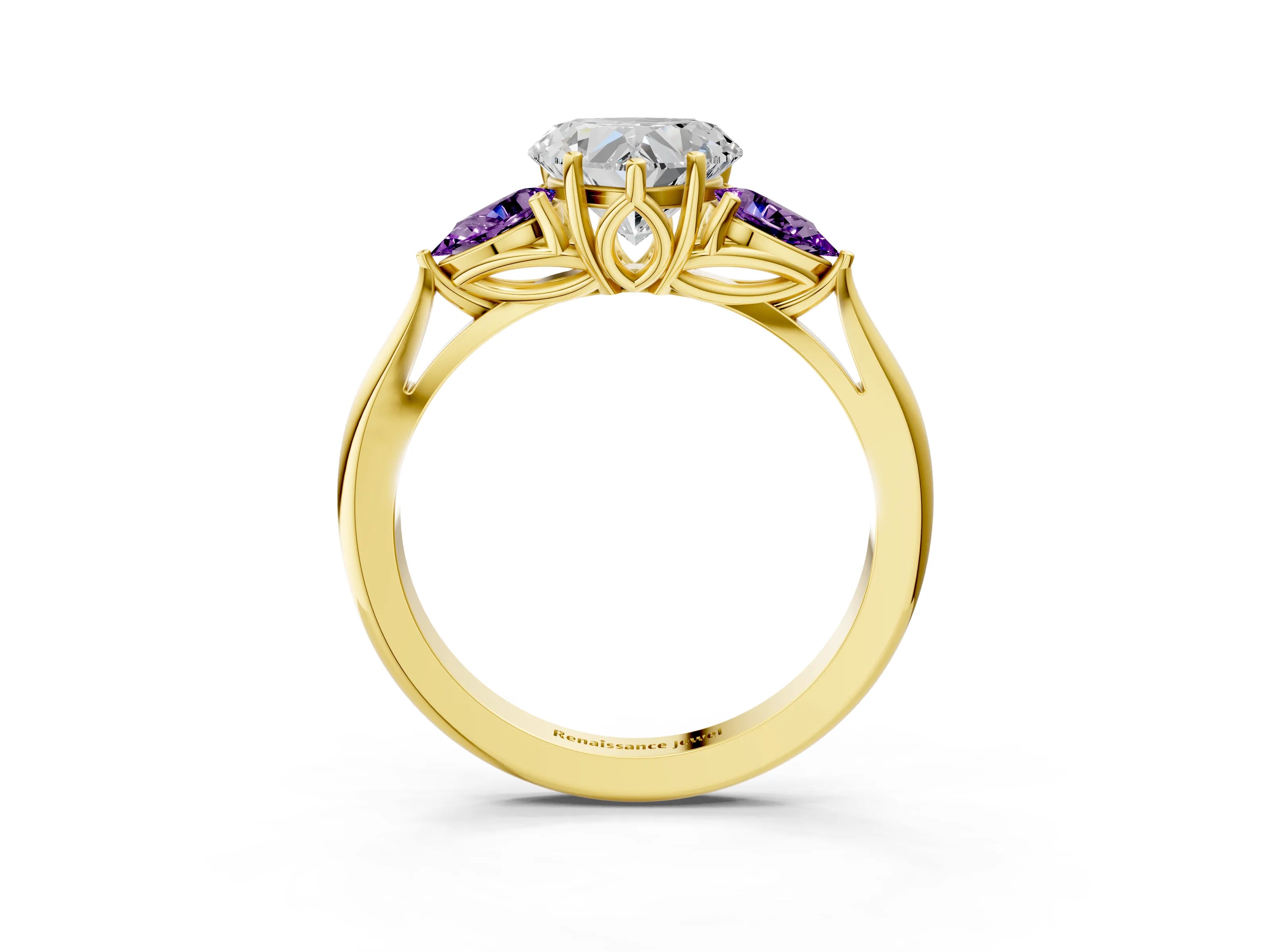 Yellow gold Heart Cut Diamond Three-Stone Ring with Pear with Amethyst side stone Side Stones and Prong Setting_3