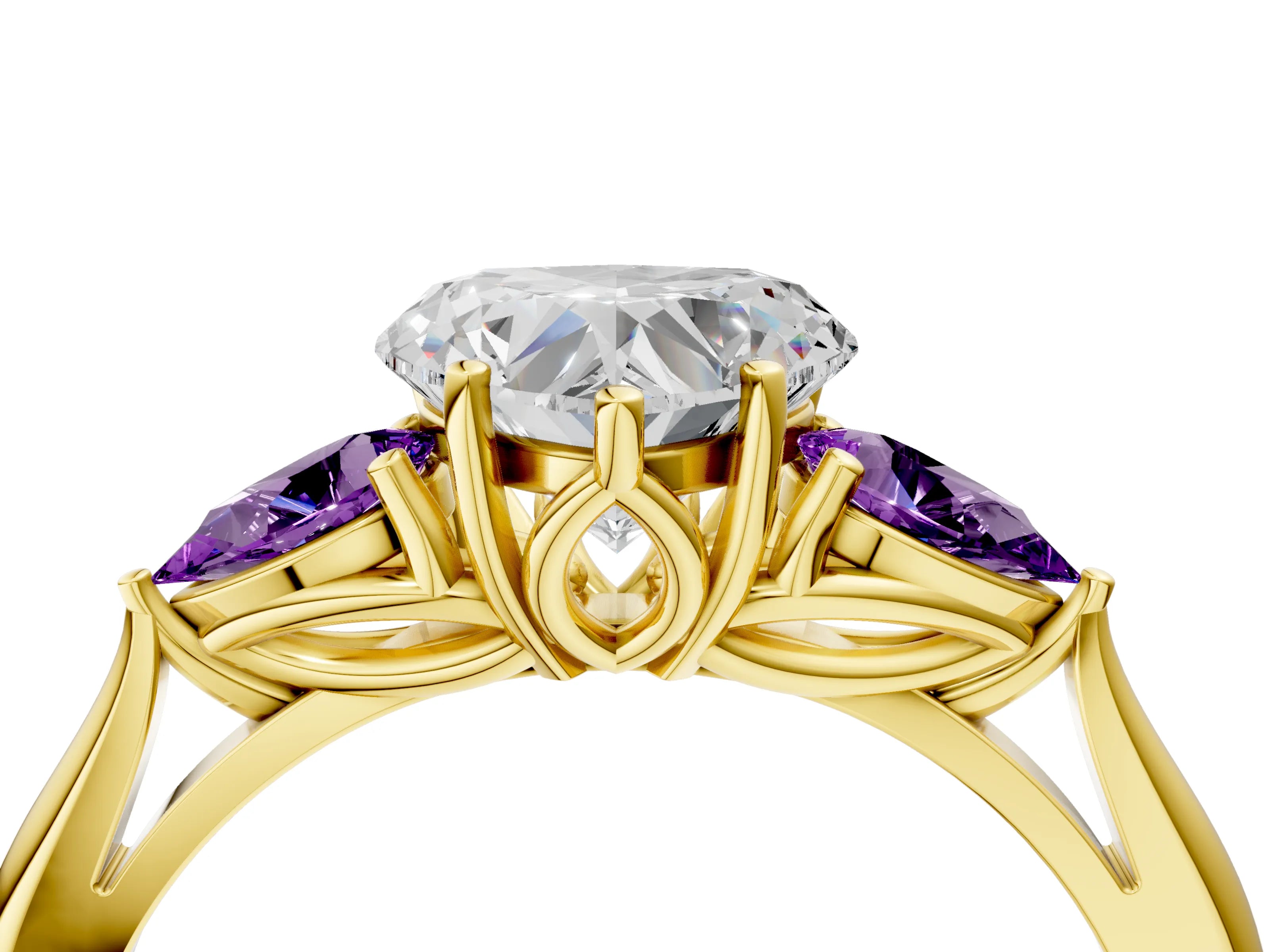 Yellow gold Heart Cut Diamond Three-Stone Ring with Pear with Amethyst side stone Side Stones and Prong Setting_4
