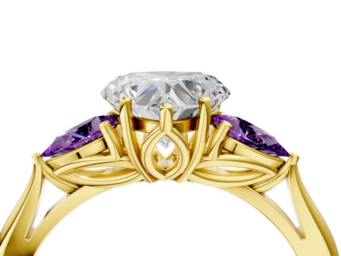 Yellow gold Heart Cut Diamond Three-Stone Ring with Pear with Amethyst side stone Side Stones and Prong Setting_4