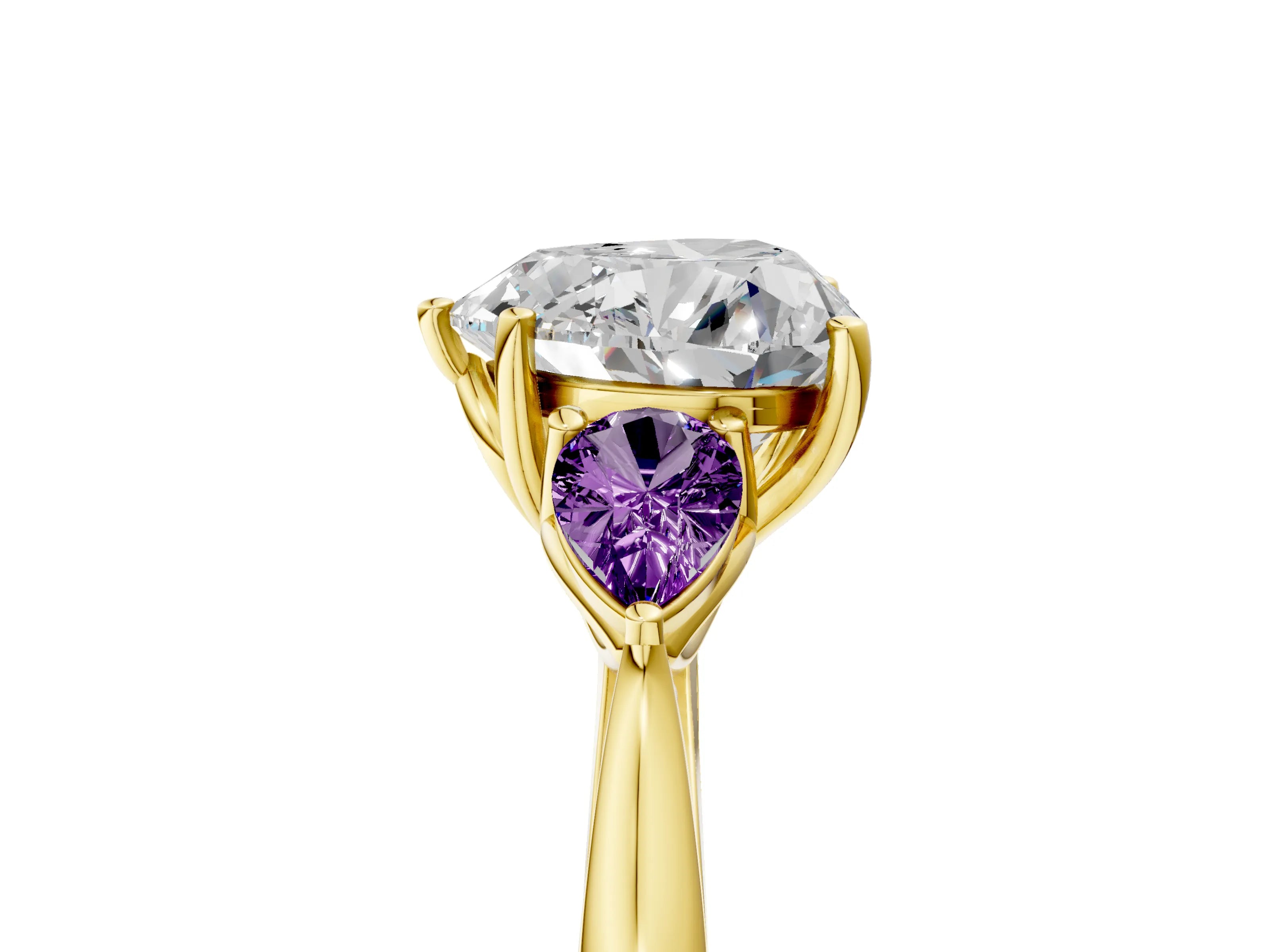 Yellow gold Heart Cut Diamond Three-Stone Ring with Pear with Amethyst side stone Side Stones and Prong Setting_5