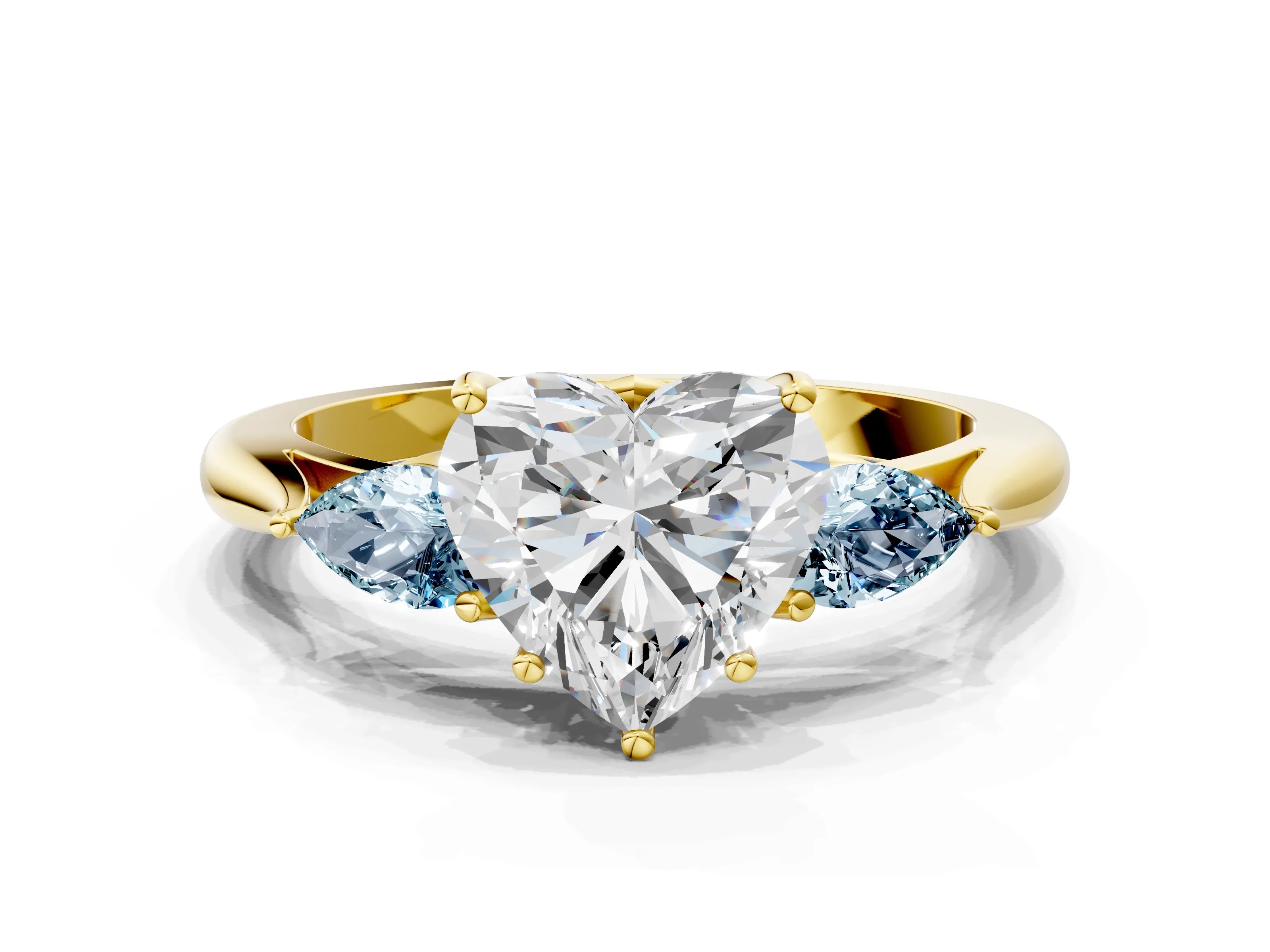 Yellow gold Heart Cut Diamond Three-Stone Ring with Pear with Aquamarine side stone Side Stones and Prong Setting