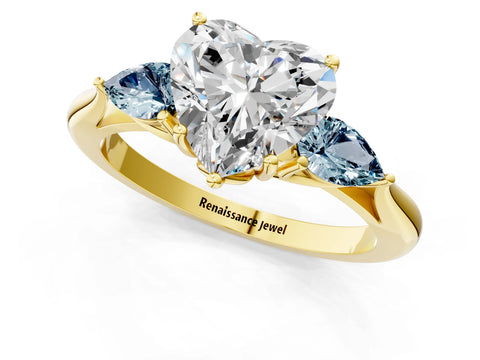 Yellow gold Heart Cut Diamond Three-Stone Ring with Pear with Aquamarine side stone Side Stones and Prong Setting_1