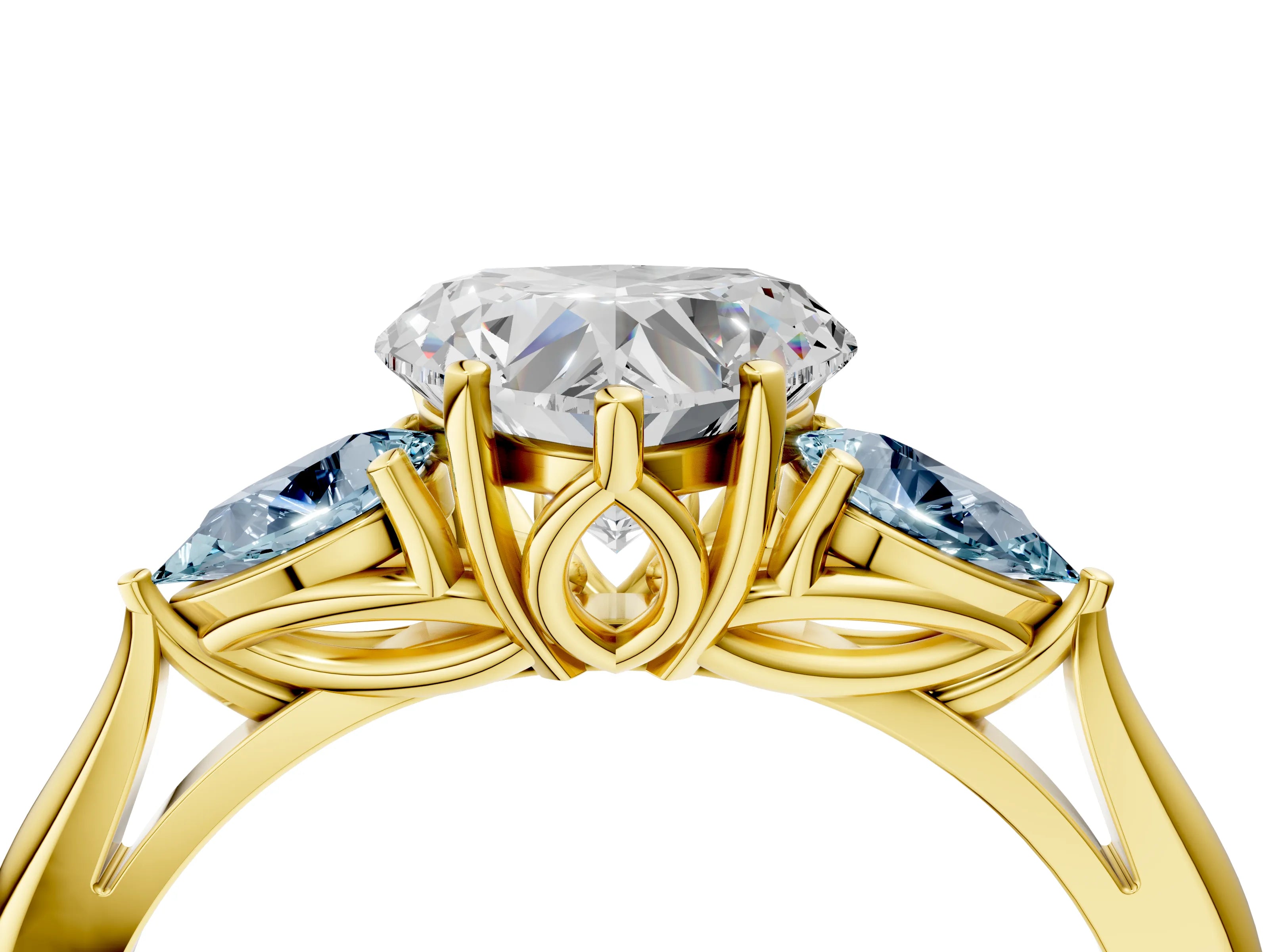 Yellow gold Heart Cut Diamond Three-Stone Ring with Pear with Aquamarine side stone Side Stones and Prong Setting_4