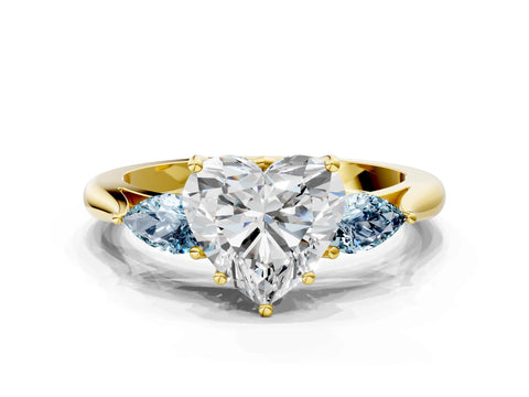 Yellow gold Heart Cut Diamond Three-Stone Ring with Pear with Aquamarine side stone Side Stones and Prong Setting