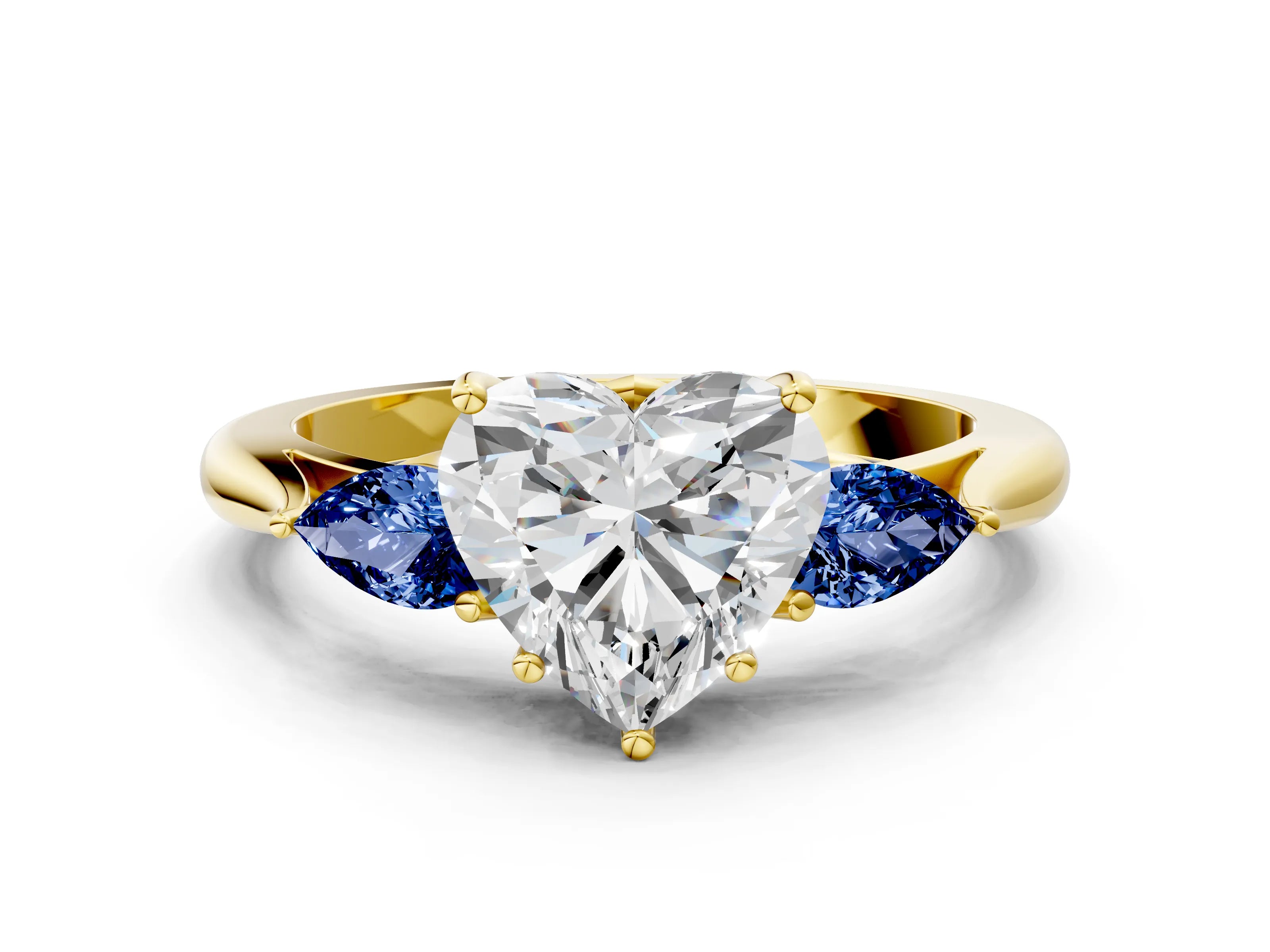 Yellow gold Heart Cut Diamond Three-Stone Ring with Pear with Blue Sapphire side stone Side Stones and Prong Setting