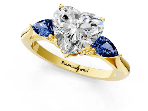 Yellow gold Heart Cut Diamond Three-Stone Ring with Pear with Blue Sapphire side stone Side Stones and Prong Setting_1