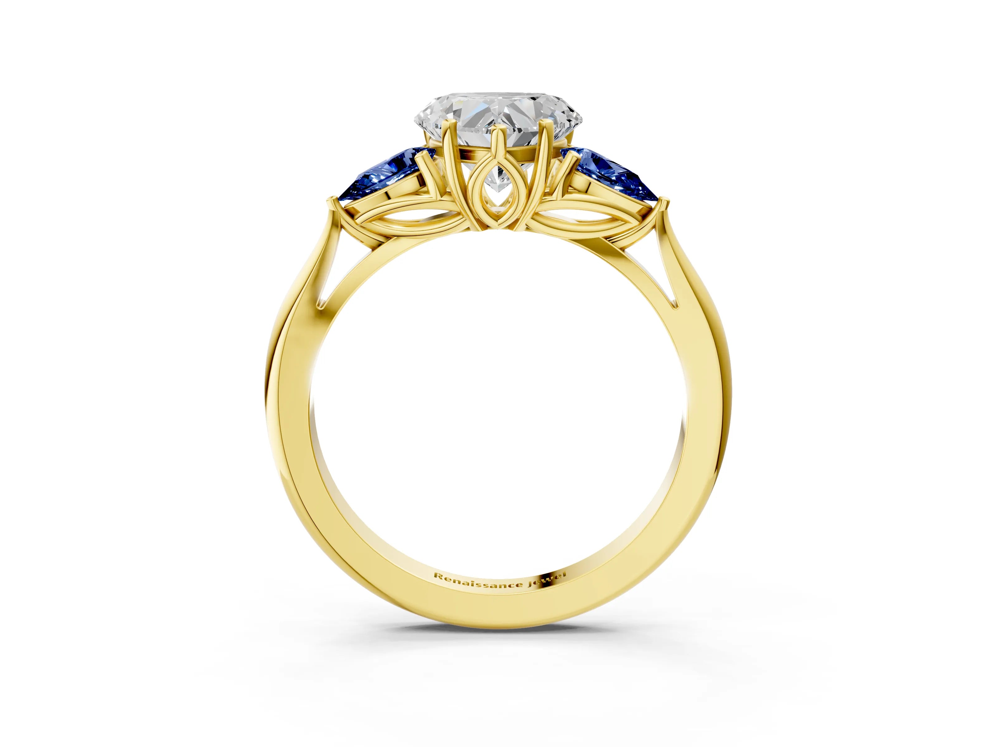 Yellow gold Heart Cut Diamond Three-Stone Ring with Pear with Blue Sapphire side stone Side Stones and Prong Setting_3