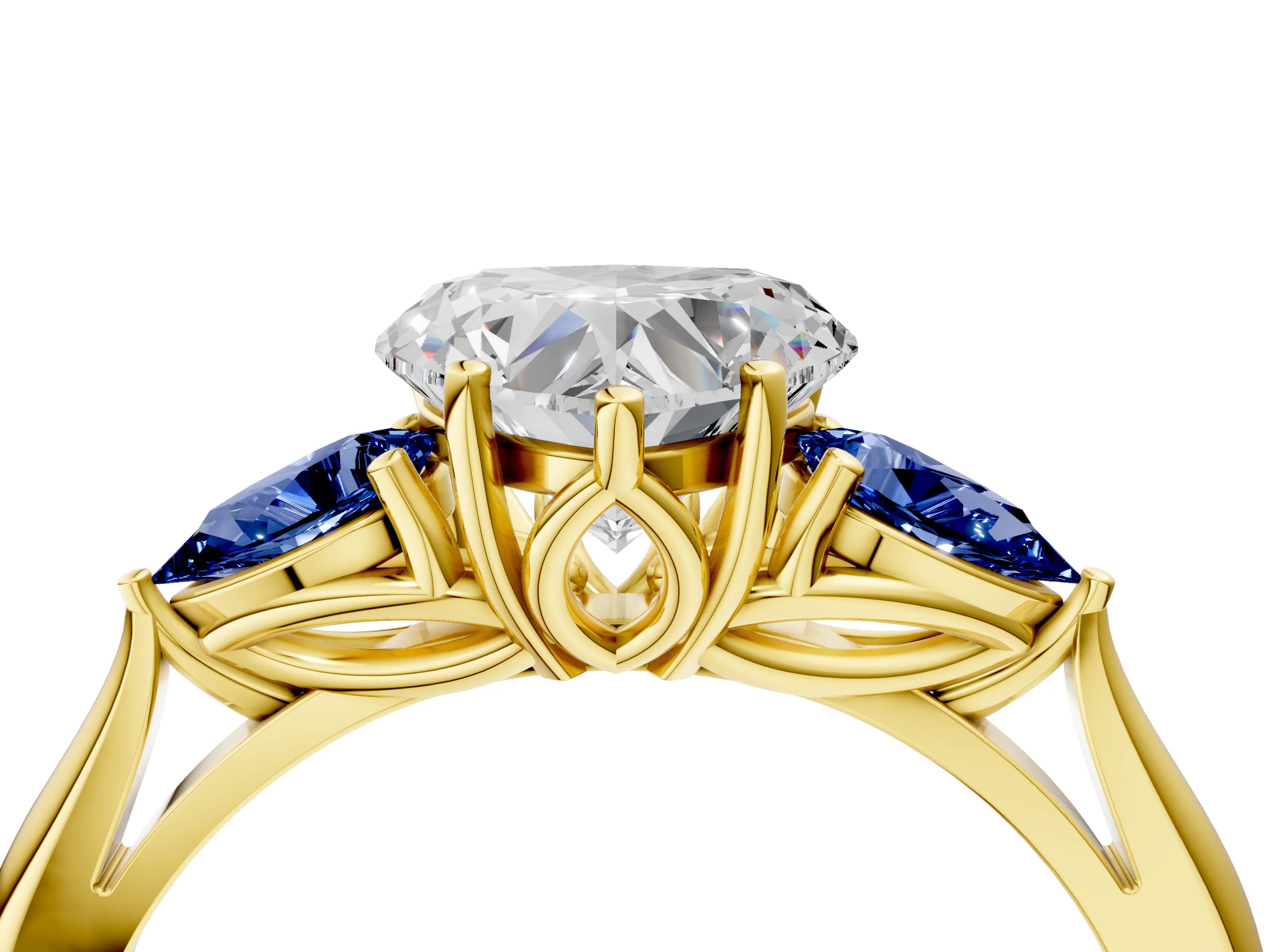 Yellow gold Heart Cut Diamond Three-Stone Ring with Pear with Blue Sapphire side stone Side Stones and Prong Setting_4