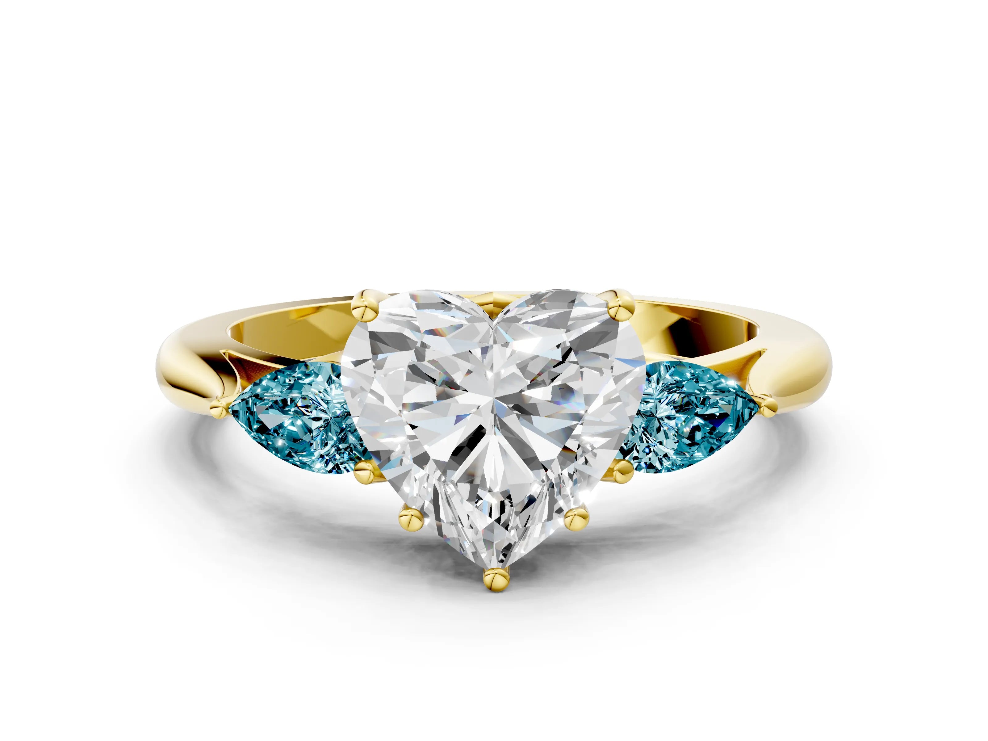 Yellow gold Heart Cut Diamond Three-Stone Ring with Pear with Blue Topaz side stone Side Stones and Prong Setting