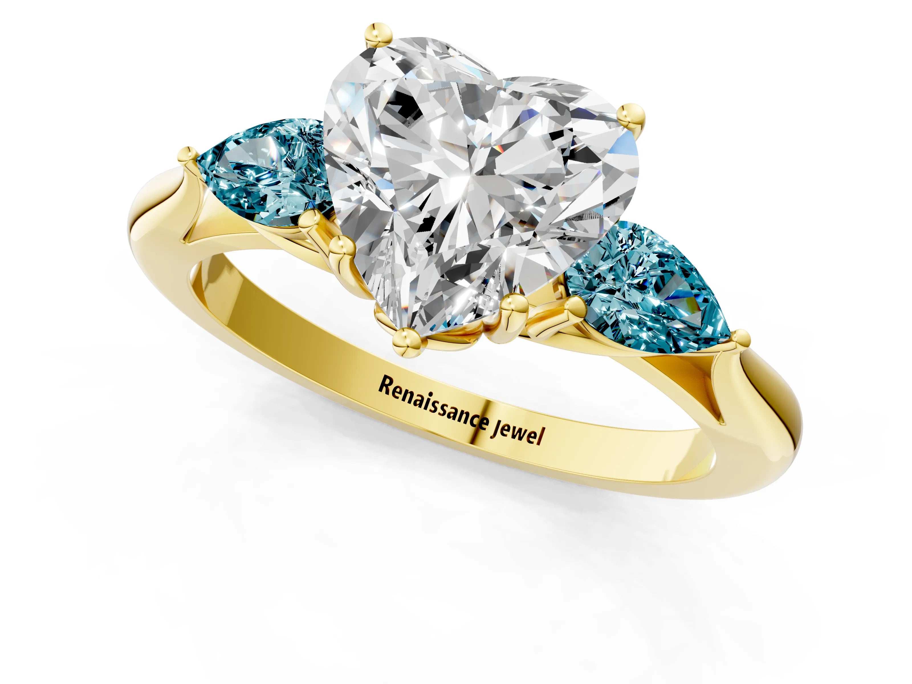 Yellow gold Heart Cut Diamond Three-Stone Ring with Pear with Blue Topaz side stone Side Stones and Prong Setting_1