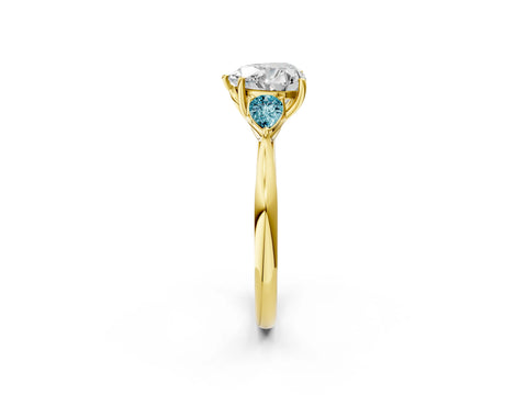 Yellow gold Heart Cut Diamond Three-Stone Ring with Pear with Blue Topaz side stone Side Stones and Prong Setting_2