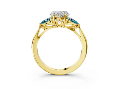 Yellow gold Heart Cut Diamond Three-Stone Ring with Pear with Blue Topaz side stone Side Stones and Prong Setting_3