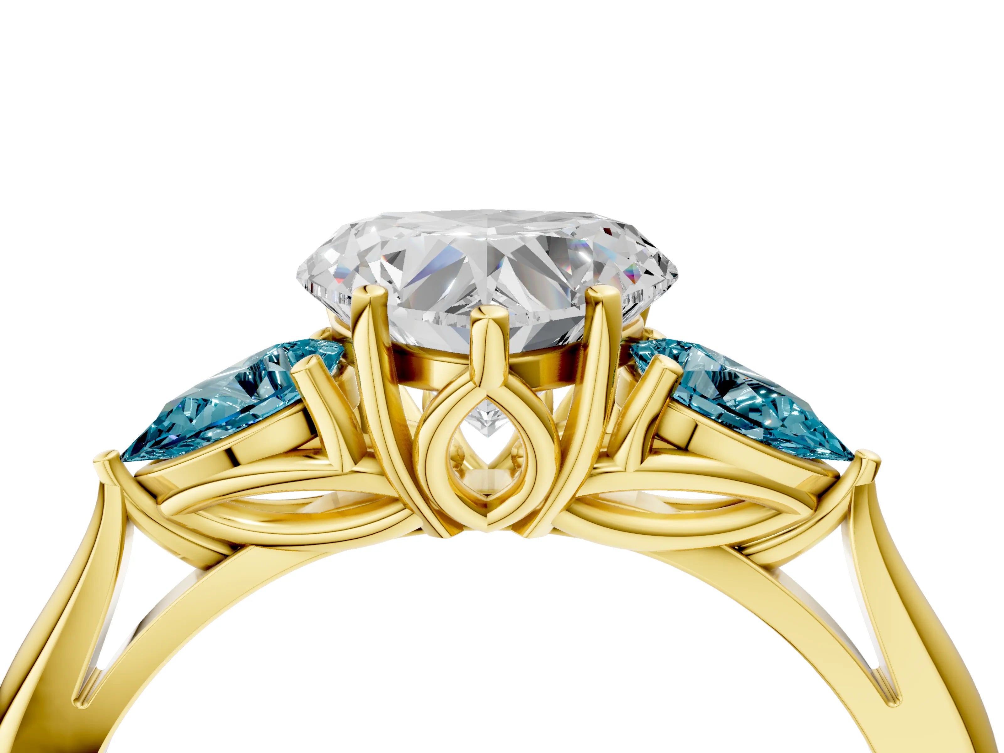 Yellow gold Heart Cut Diamond Three-Stone Ring with Pear with Blue Topaz side stone Side Stones and Prong Setting_4