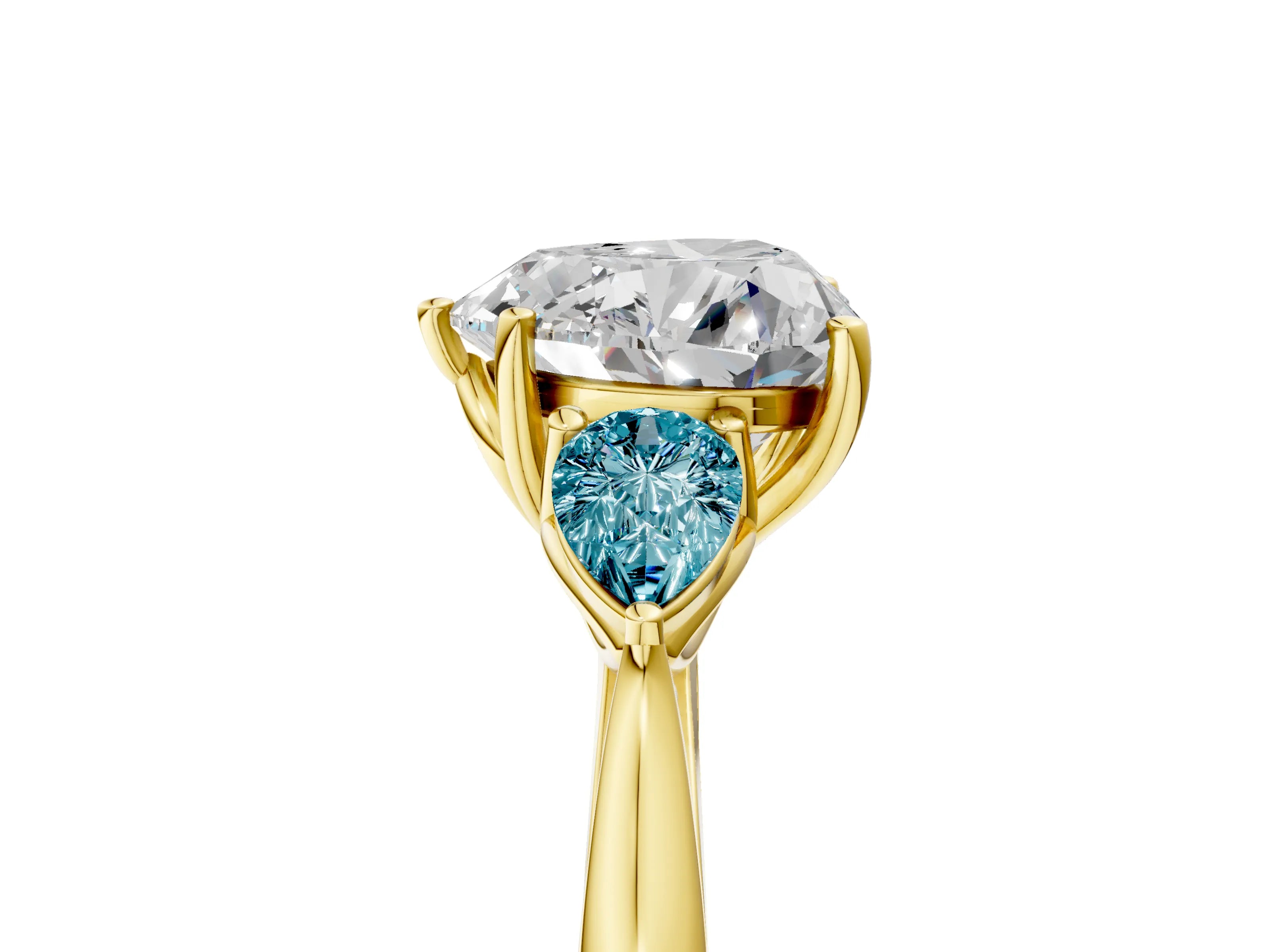 Yellow gold Heart Cut Diamond Three-Stone Ring with Pear with Blue Topaz side stone Side Stones and Prong Setting_5