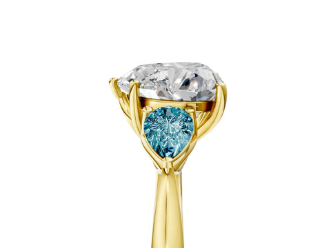 Yellow gold Heart Cut Diamond Three-Stone Ring with Pear with Blue Topaz side stone Side Stones and Prong Setting_5
