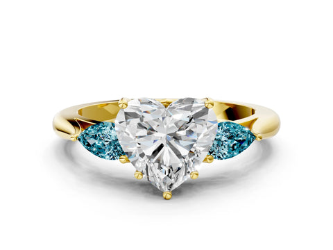 Yellow gold Heart Cut Diamond Three-Stone Ring with Pear with Blue Topaz side stone Side Stones and Prong Setting