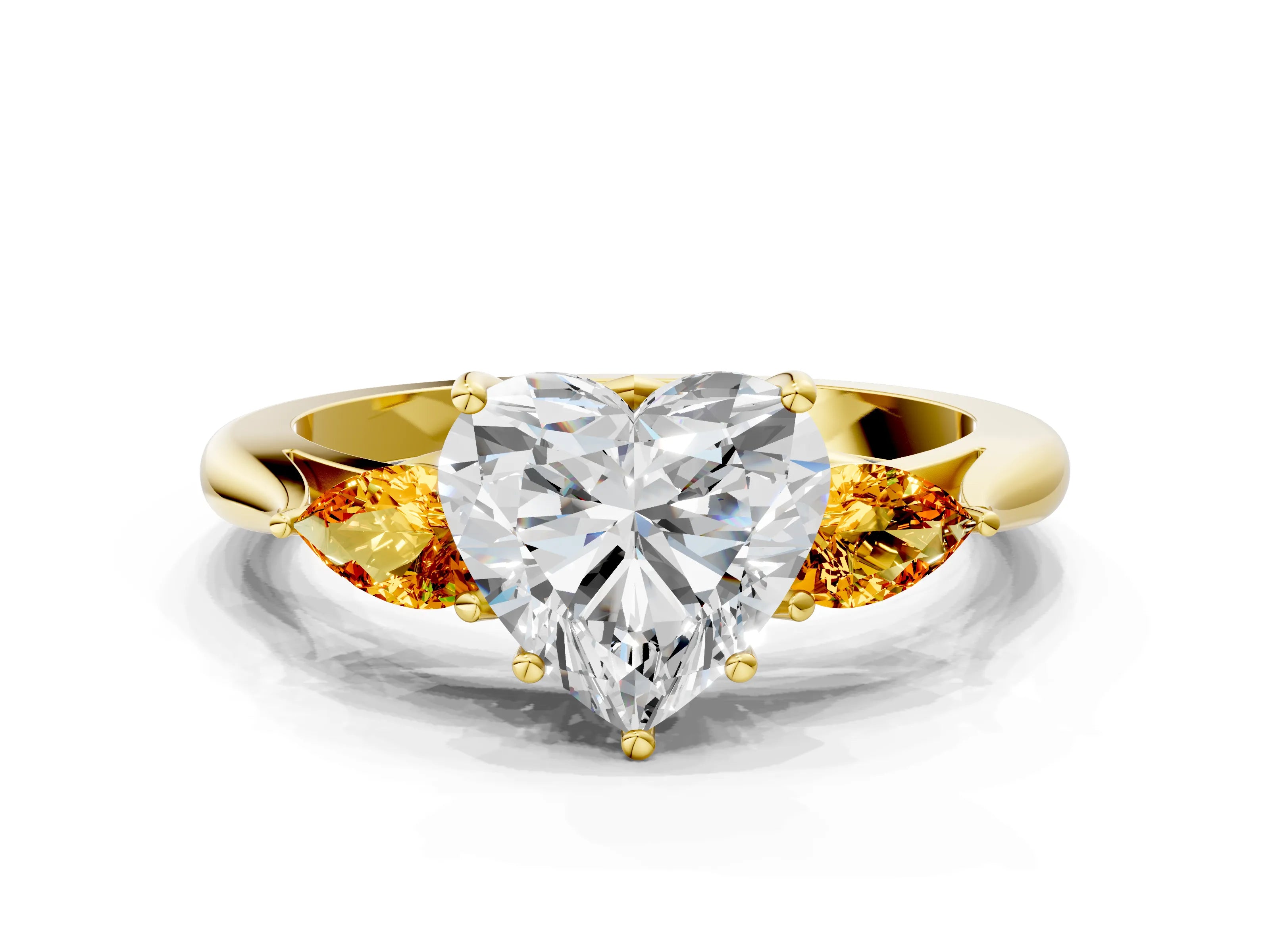 Yellow gold Heart Cut Diamond Three-Stone Ring with Pear with Citrine side stone Side Stones and Prong Setting