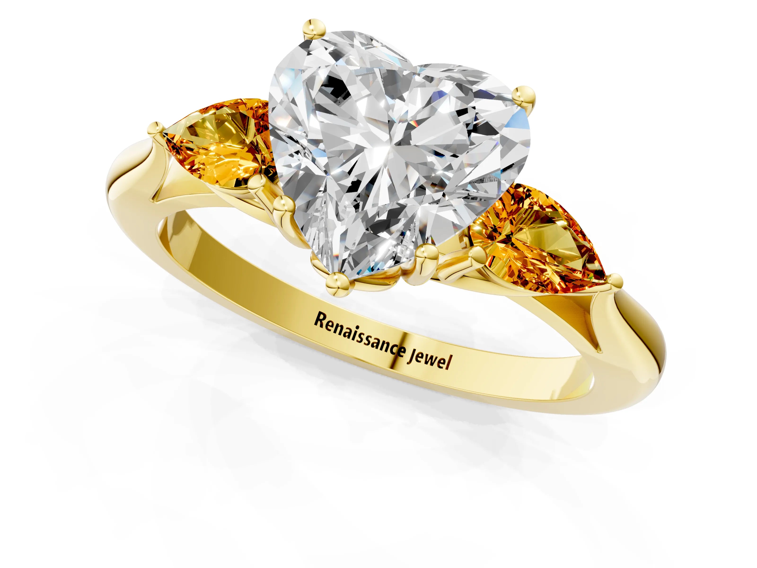 Yellow gold Heart Cut Diamond Three-Stone Ring with Pear with Citrine side stone Side Stones and Prong Setting_1