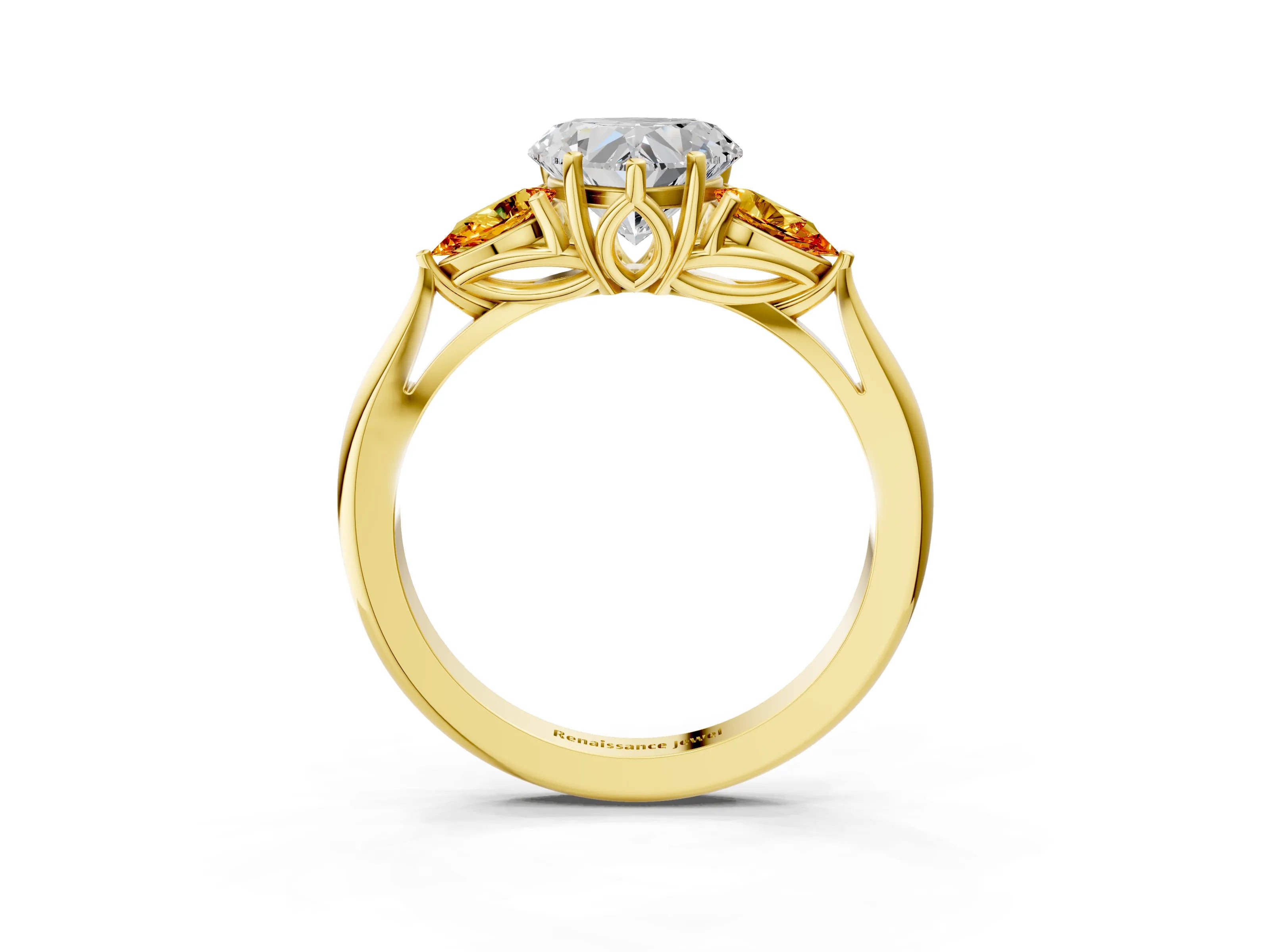 Yellow gold Heart Cut Diamond Three-Stone Ring with Pear with Citrine side stone Side Stones and Prong Setting_3