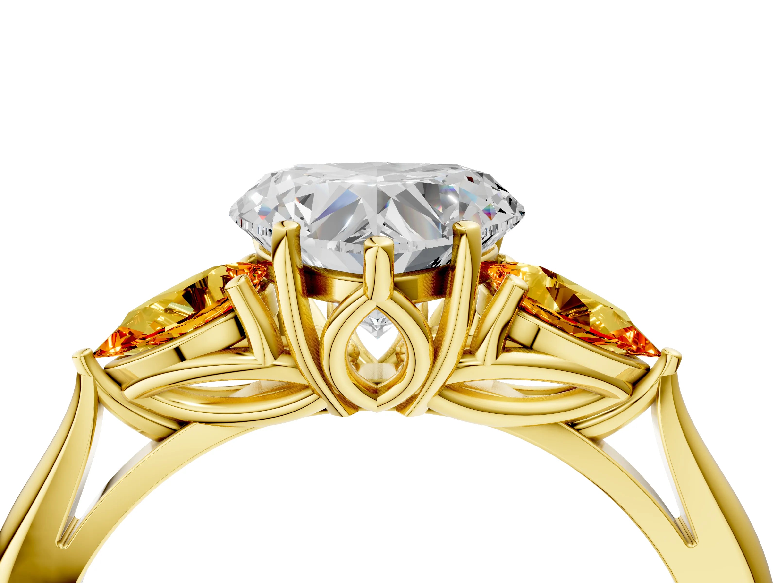 Yellow gold Heart Cut Diamond Three-Stone Ring with Pear with Citrine side stone Side Stones and Prong Setting_4