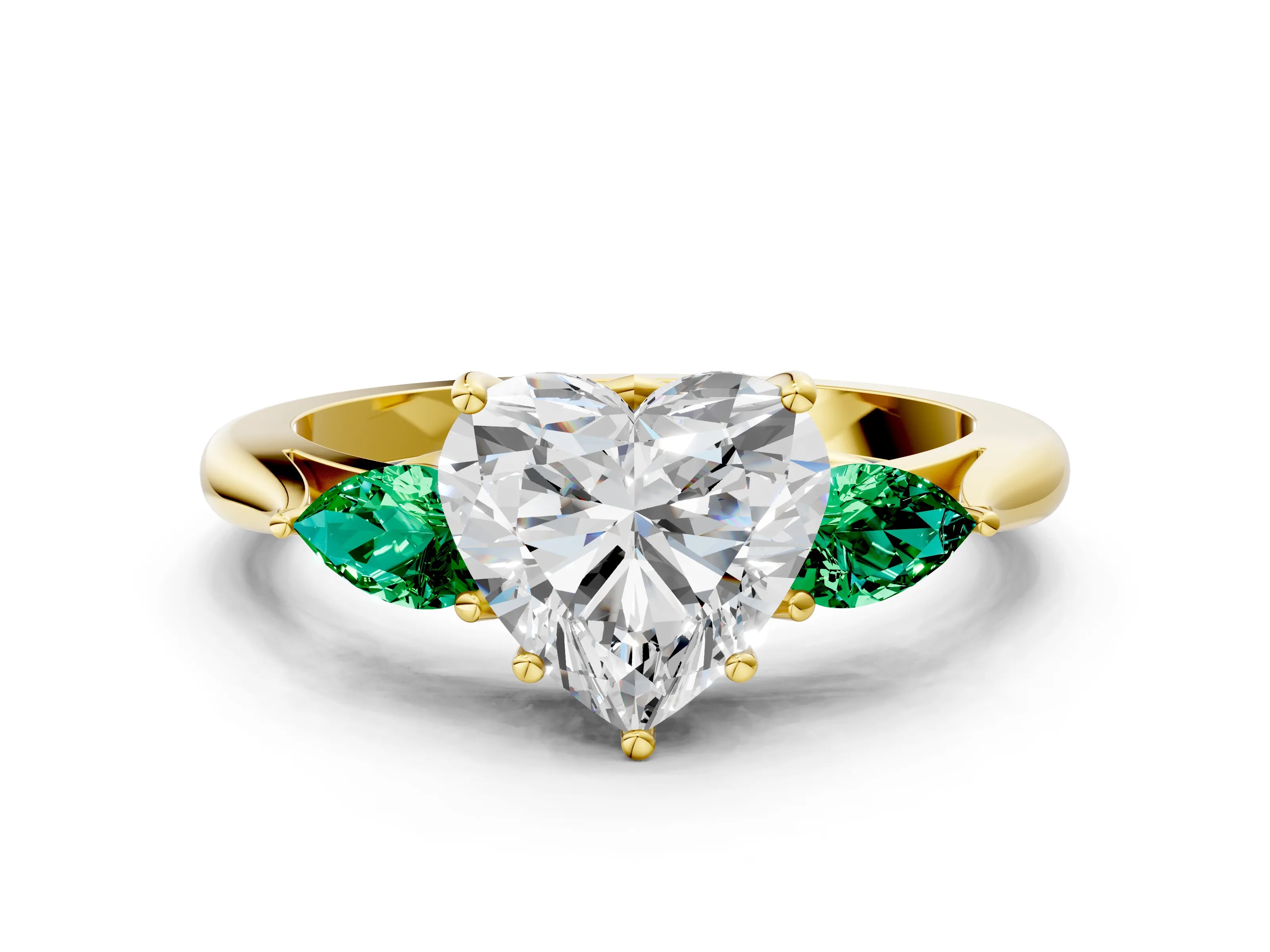 Yellow gold Heart Cut Diamond Three-Stone Ring with Pear with Emerald side stone Side Stones and Prong Setting