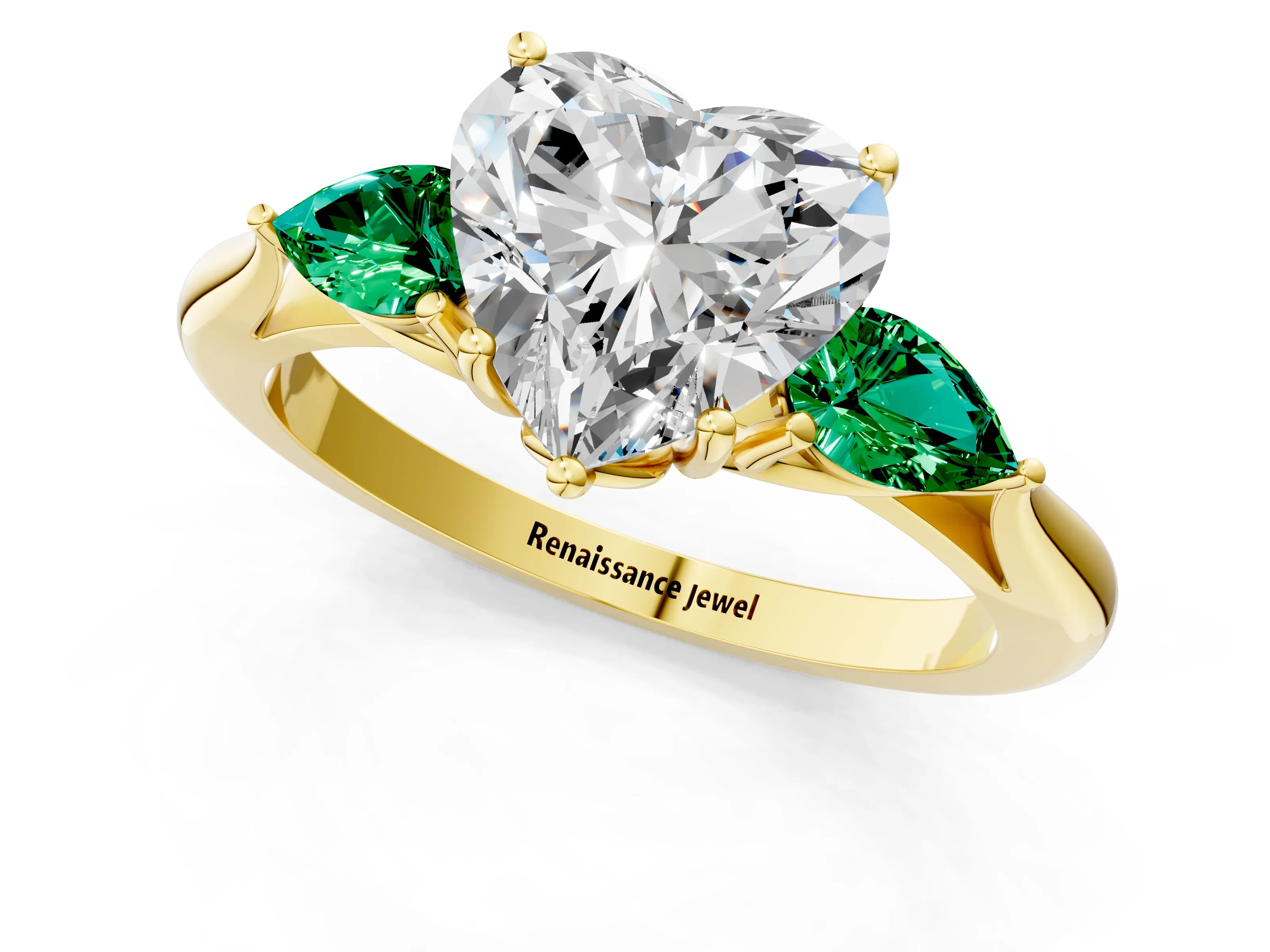 Yellow gold Heart Cut Diamond Three-Stone Ring with Pear with Emerald side stone Side Stones and Prong Setting_1