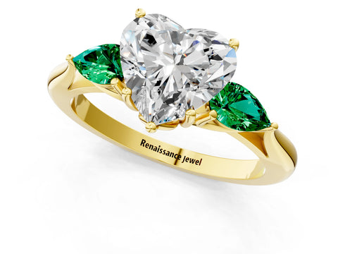 Yellow gold Heart Cut Diamond Three-Stone Ring with Pear with Emerald side stone Side Stones and Prong Setting_1